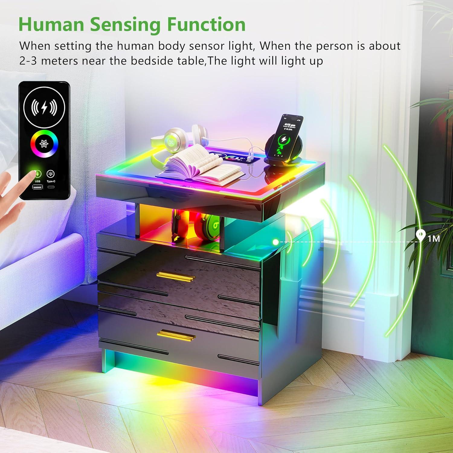 HNEBC Smart LED Nightstand with Wireless Charging & USB Ports, High Glossy Night Stand with 3 Drawers and 1 Pull-Out Tray, Modern Bedside Table with Human Sensor for Bedroom (White)