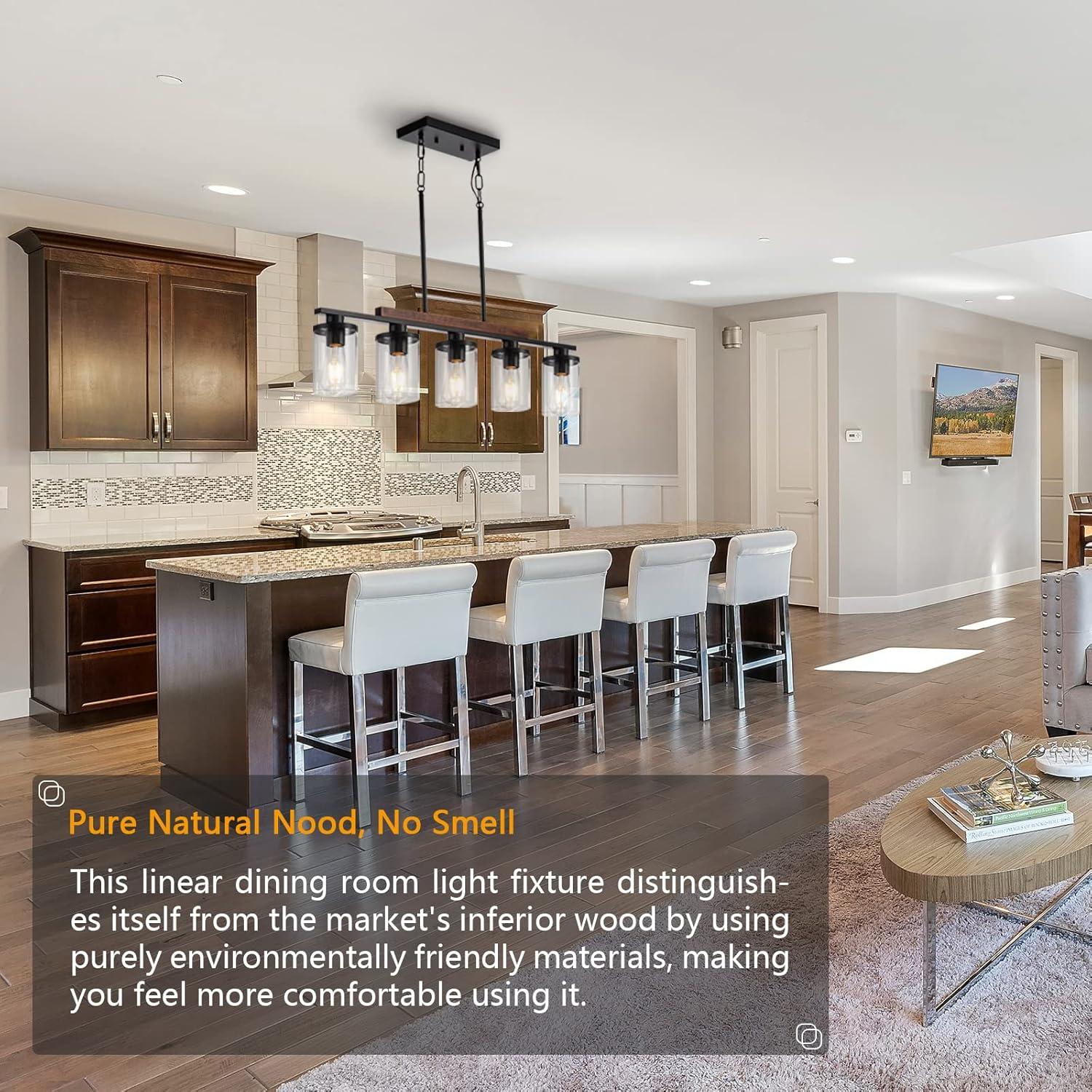 Black Farmhouse Chandelier, 5-Light Island Lights for Kitchen in Metal Finish with Clear Glass Shades, 37" Dining Room Chandelier, Linear Pendant Lighting for Foyer, Bar, Pool Table