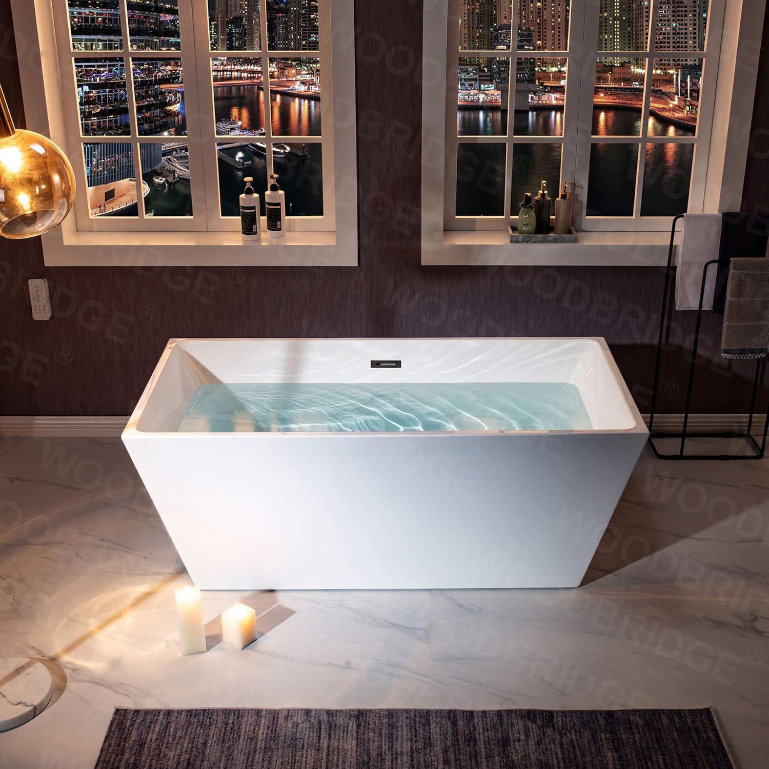 59" White Acrylic Freestanding Bathtub with Matte Black Overflow