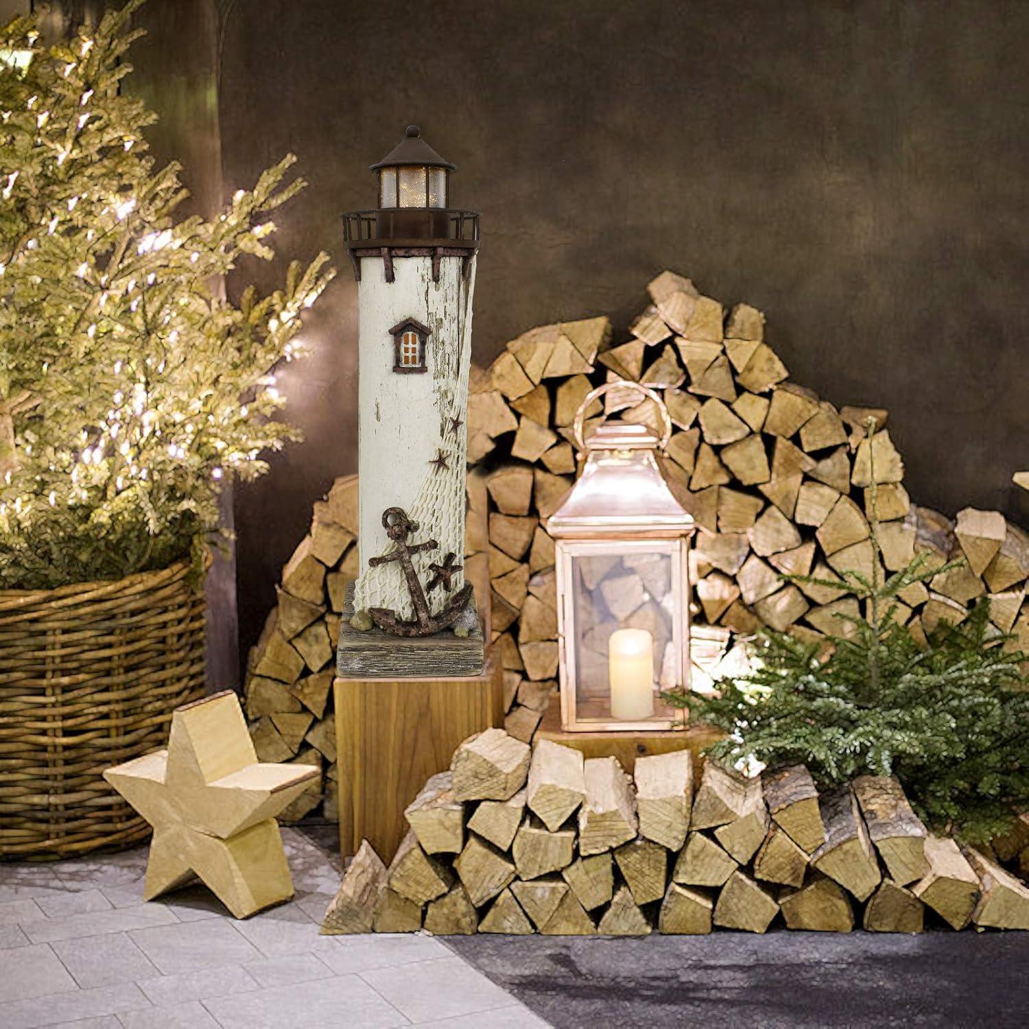 Rustic White and Brown Wooden Lighthouse Decor with LED Light