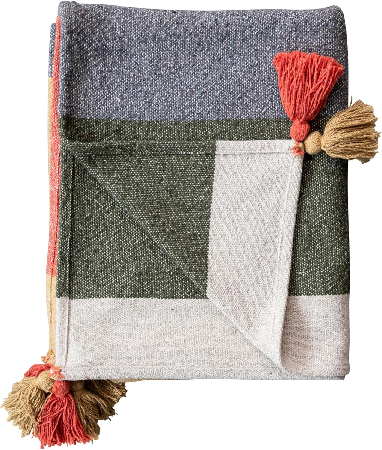 Creative Co-Op Woven Cotton Blend Throw with 8 Stripes and Tassels, Multicolor