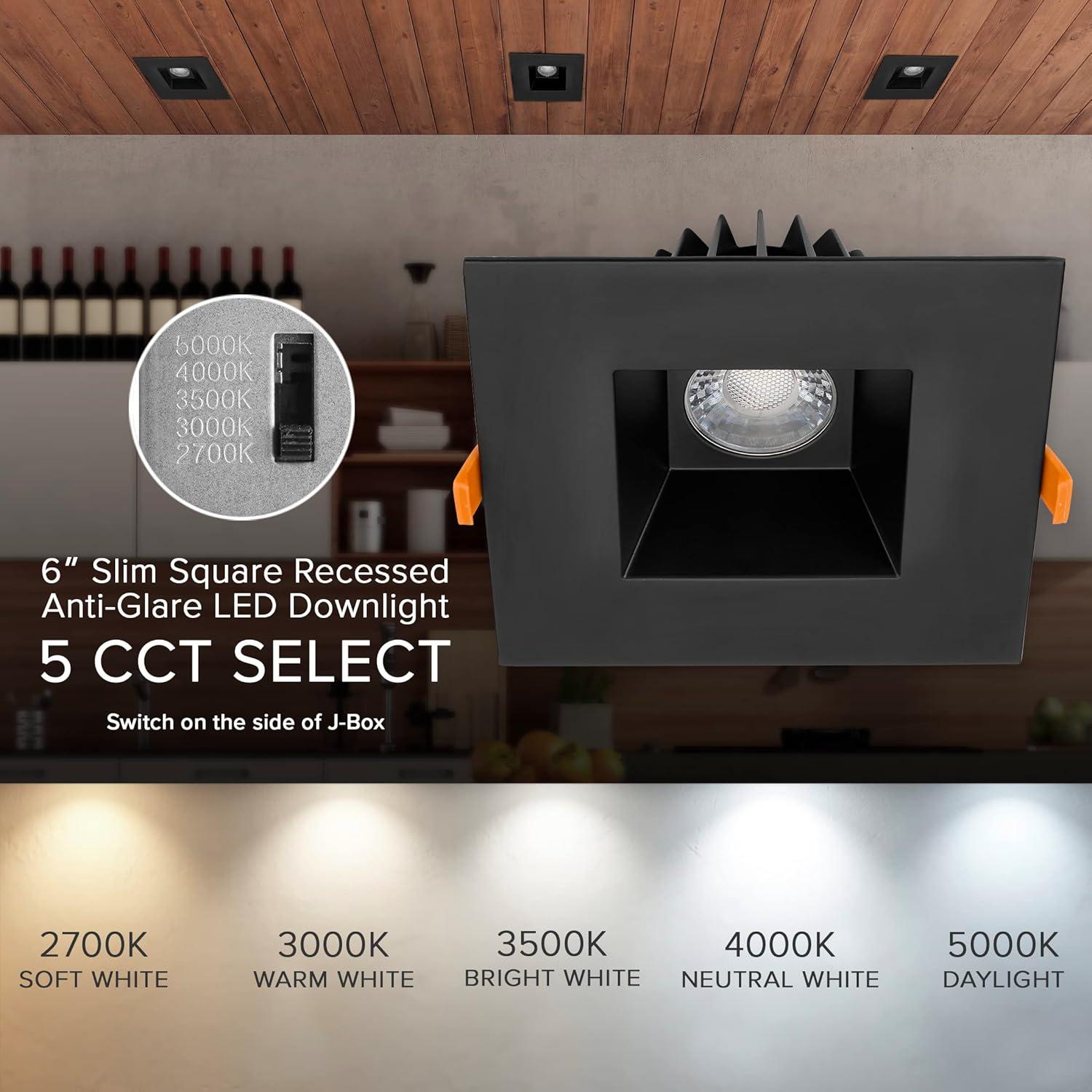 Maxxima 6” Ultra-Thin Recessed Anti-Glare LED Downlight Canless IC Rated 1200 Lumens 5 Color Temperature Select 2700K/3000K/3500K/4000K/5000K Dimmable Square Black Trim 90 CRI 5CCT Slim J-Box Included