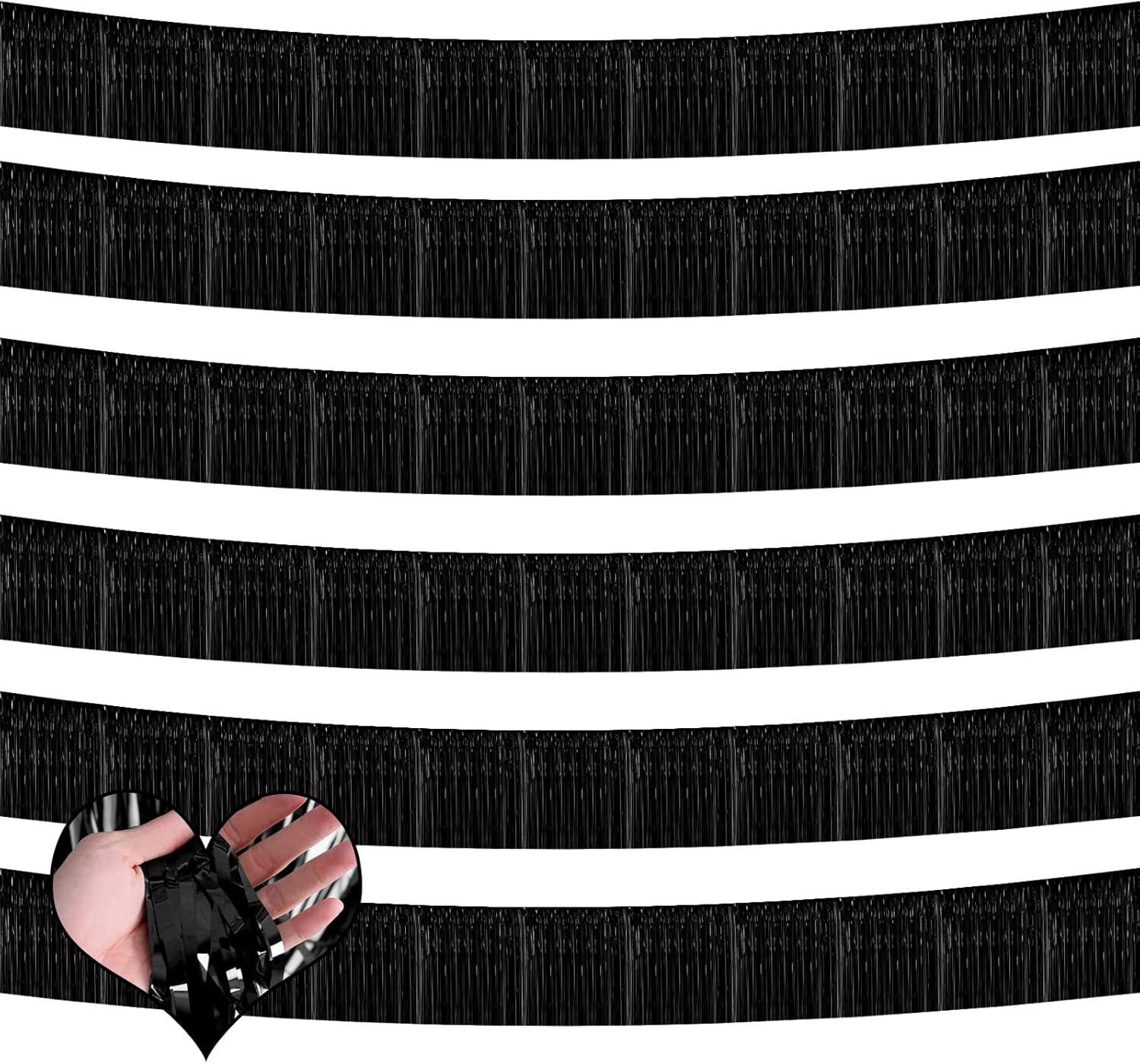 6 Pack 10 Feet Metallic Foil Fringe Garland Tinsel Streamers, Boriyuan Wall Hanging Fringe Backdrop Banner for Parade Floats, Wedding, Birthday, Christmas, New Year Party Decorations (Black)