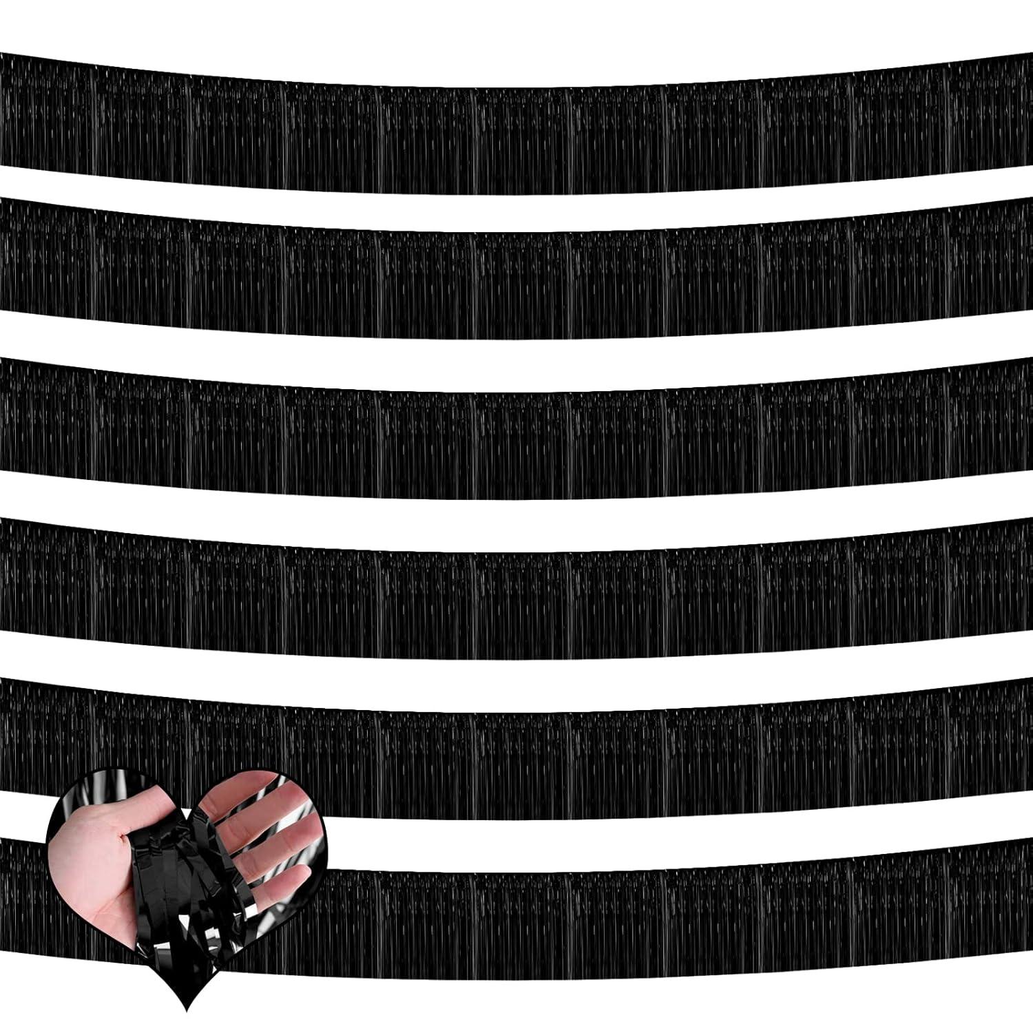 6 Pack 10 Feet Metallic Foil Fringe Garland Tinsel Streamers, Boriyuan Wall Hanging Fringe Backdrop Banner for Parade Floats, Wedding, Birthday, Christmas, New Year Party Decorations (Black)