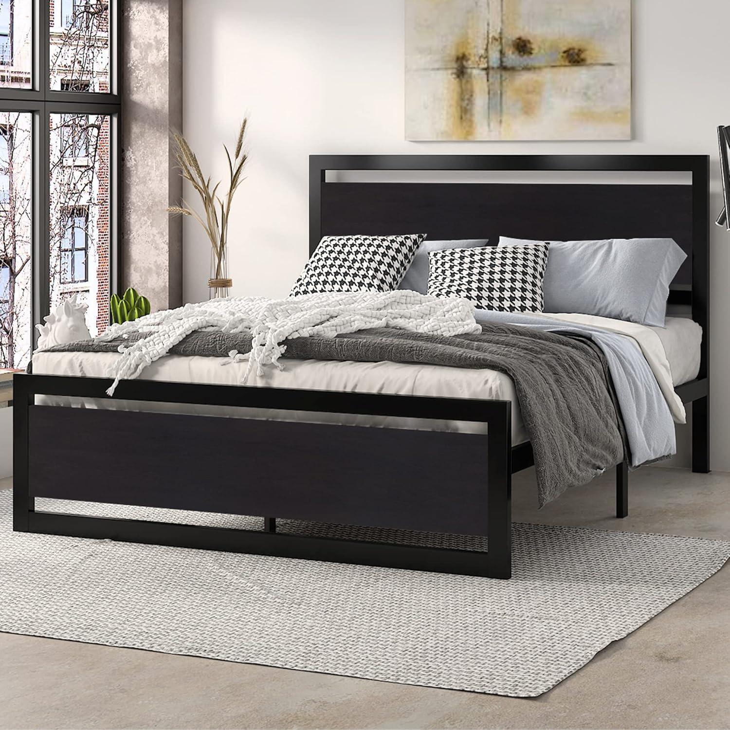 Queen Size Black Metal Bed Frame with Wooden Headboard