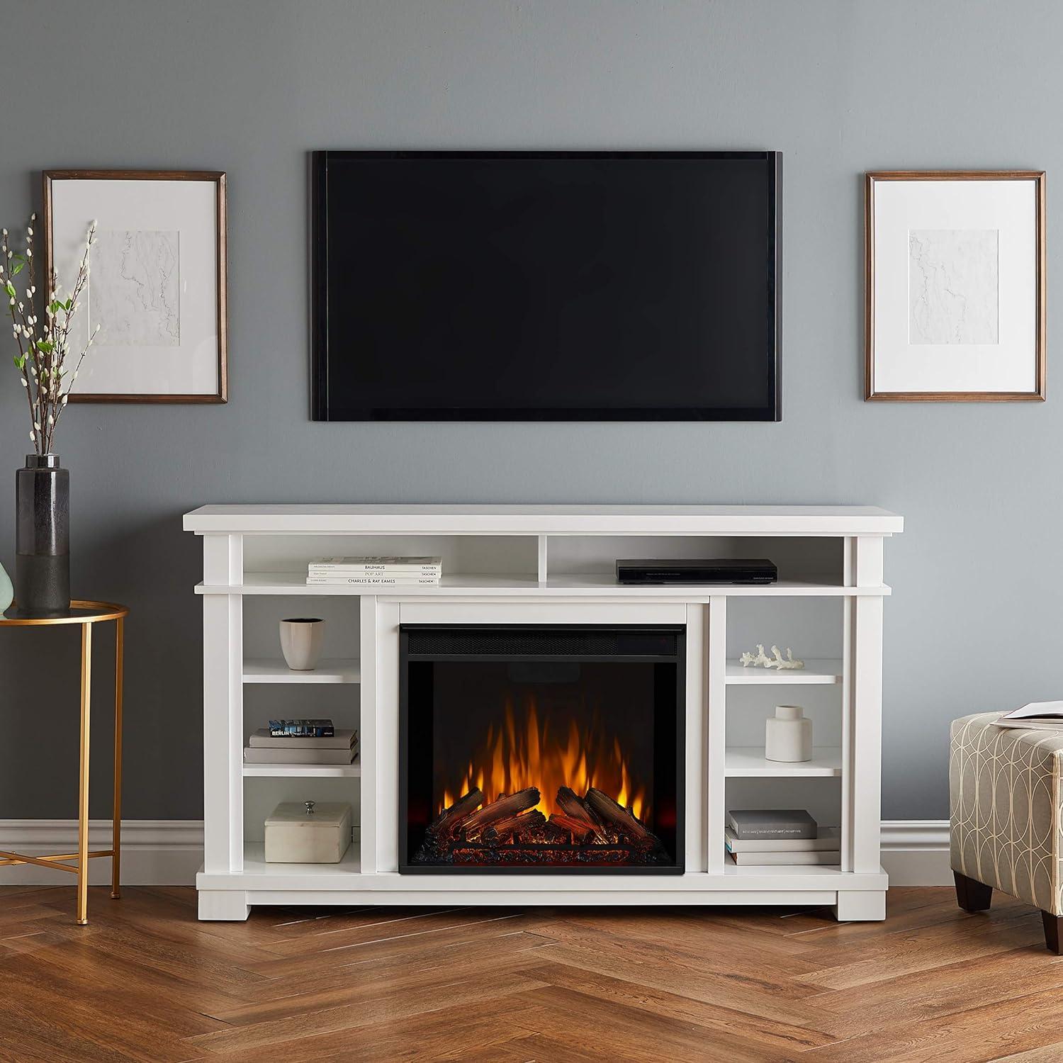 Belford 56" White Electric Fireplace TV Stand with Shelves