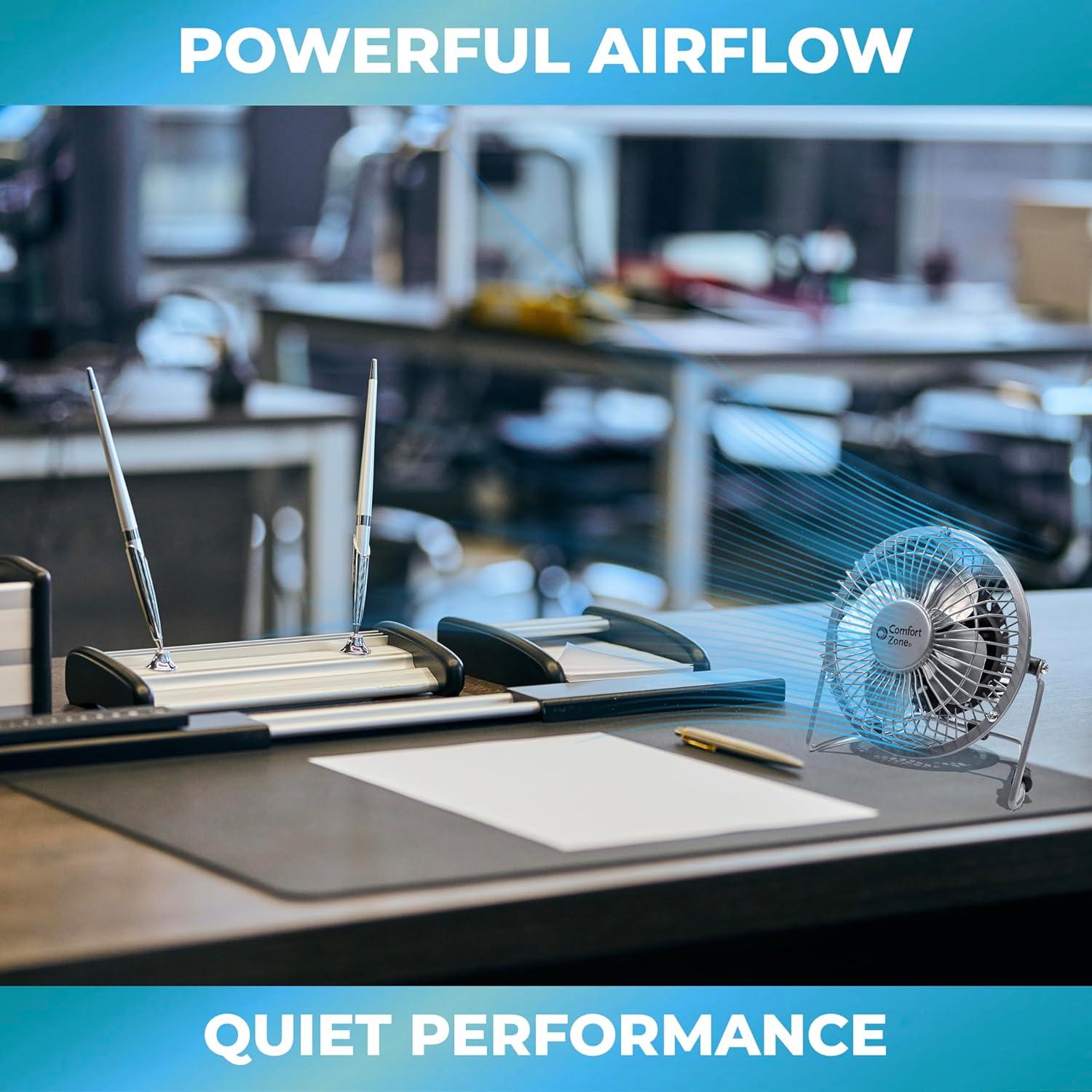 Comfort Zone 4" Metal Portable Desk Fan, Dual Powered (USB or Power Cord)