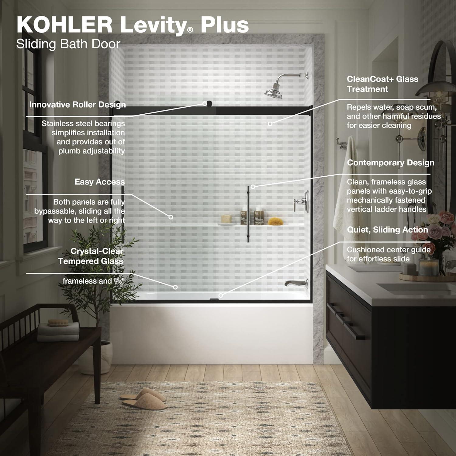 Levity Plus Less Sliding Bath Door, 61-9/16 In. H X 56-5/8 - 59-5/8 In. W, With 5/16 In.-Thick Crystal Clear Glass