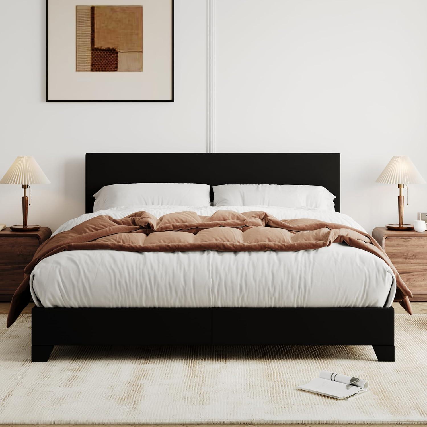 Killeryuki Full Size Bed Frame with Adjustable Headboard, Faux Leather Platform Bed with Wood Slats, Heavy Duty Mattress Foundation, No Box Spring Needed, Noise-Killeryuki, Easy Assembly, Black