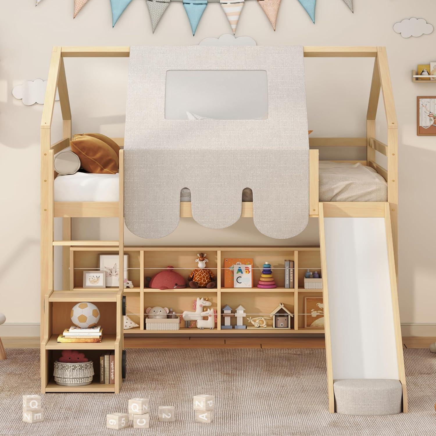 Kids Loft Bed Full Size, Full Loft Bed with Slide and Ladder, Kids House Loft Bed with Storage Shelf and Removable Tent, Full Size Loft Bed for Girls, Boys(Full Natural Beige)