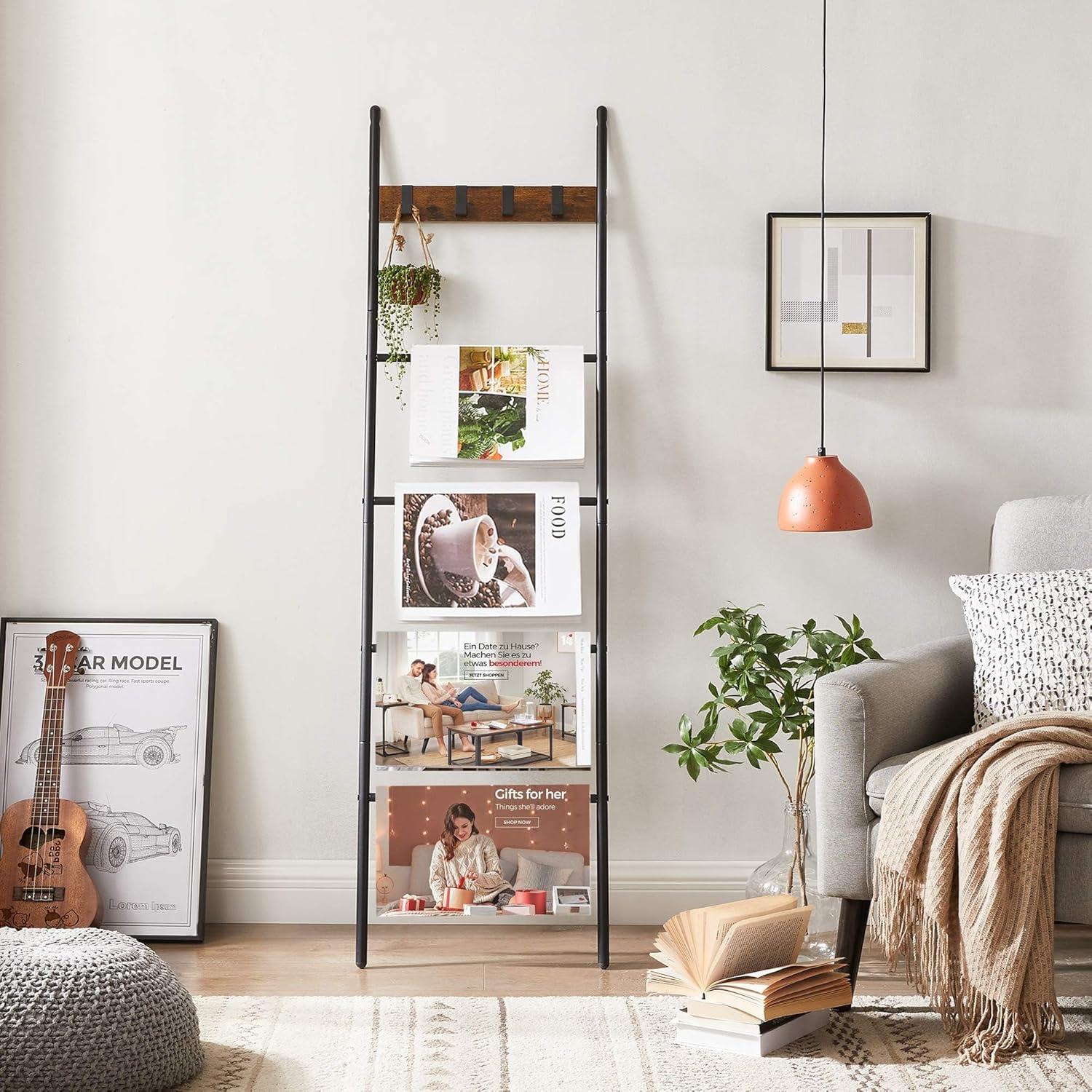 Rustic Brown and Black 5-Tier Ladder Shelf with Metal Frame