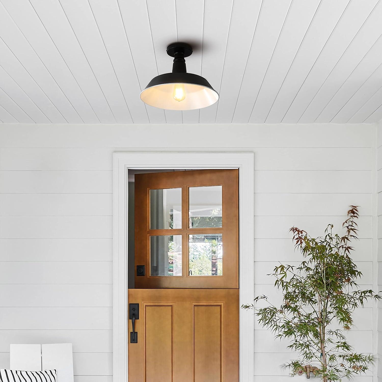 JONATHAN Y Camila 14" 1-Light Classic Industrial Indoor/Outdoor Iron LED Semi Flush Mount, Black/White, JYL7617B