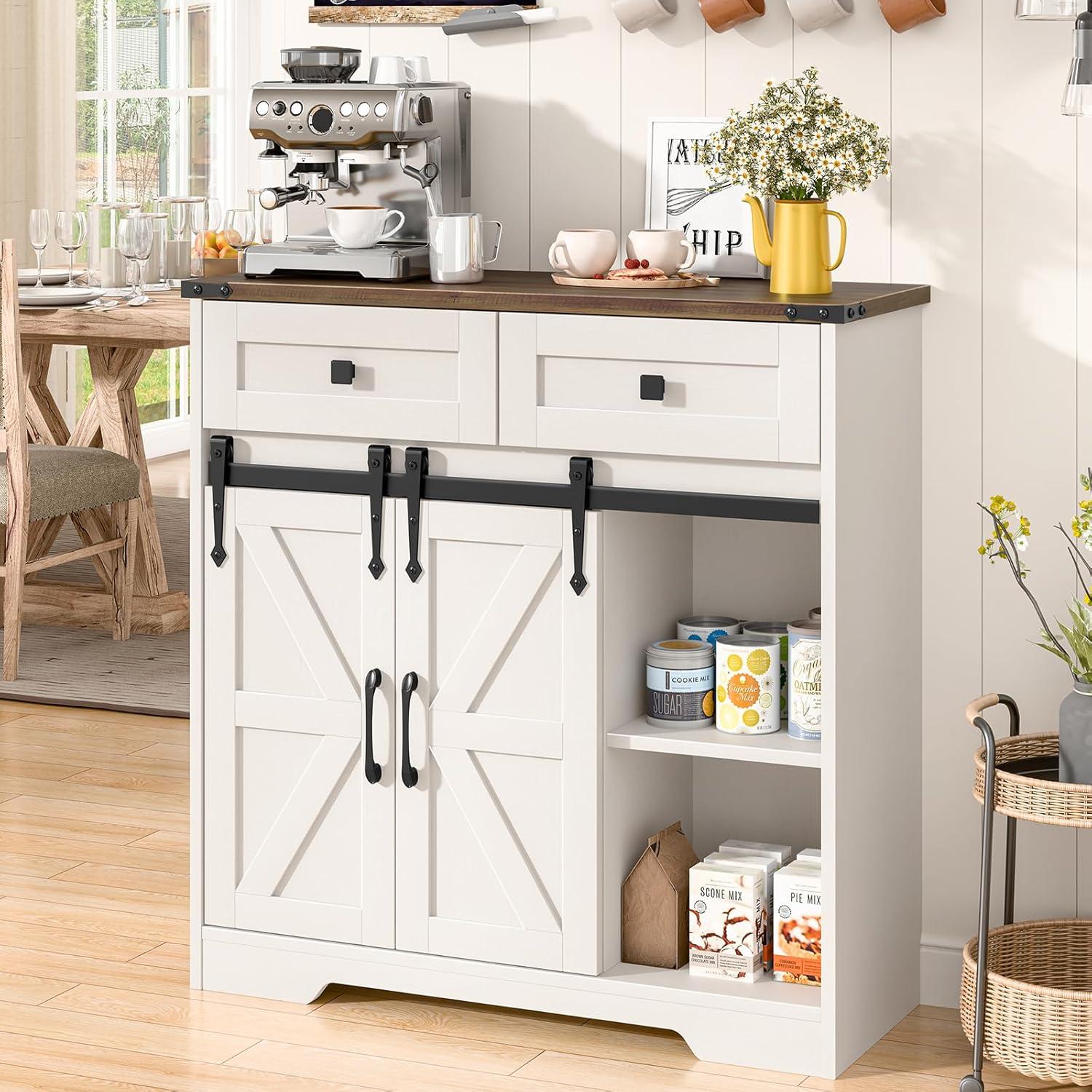 Farmhouse Storage Cabinet, Bathroom Cabinet with Sliding Barn Doors, Floor Storage Cabinet with Adjustable Shelves and 4 Drawers for Kitchen, Living Room, Dining Room, Modern White