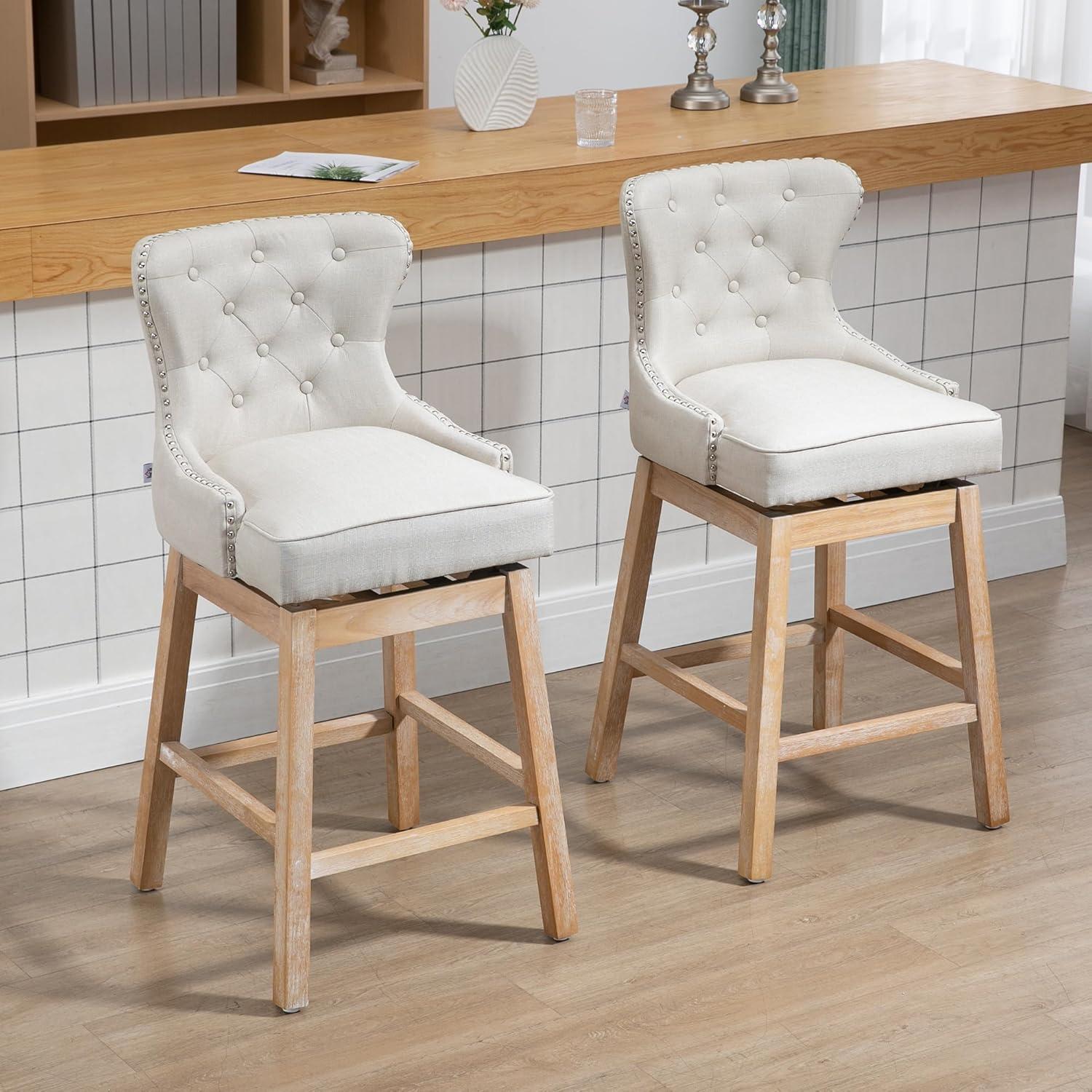 HOMCOM Upholstered Fabric Bar Height Bar Stools Set of 2, 180° Swivel Nailhead-Trim Pub Chairs, 30" Seat Height with Rubber Wood Legs