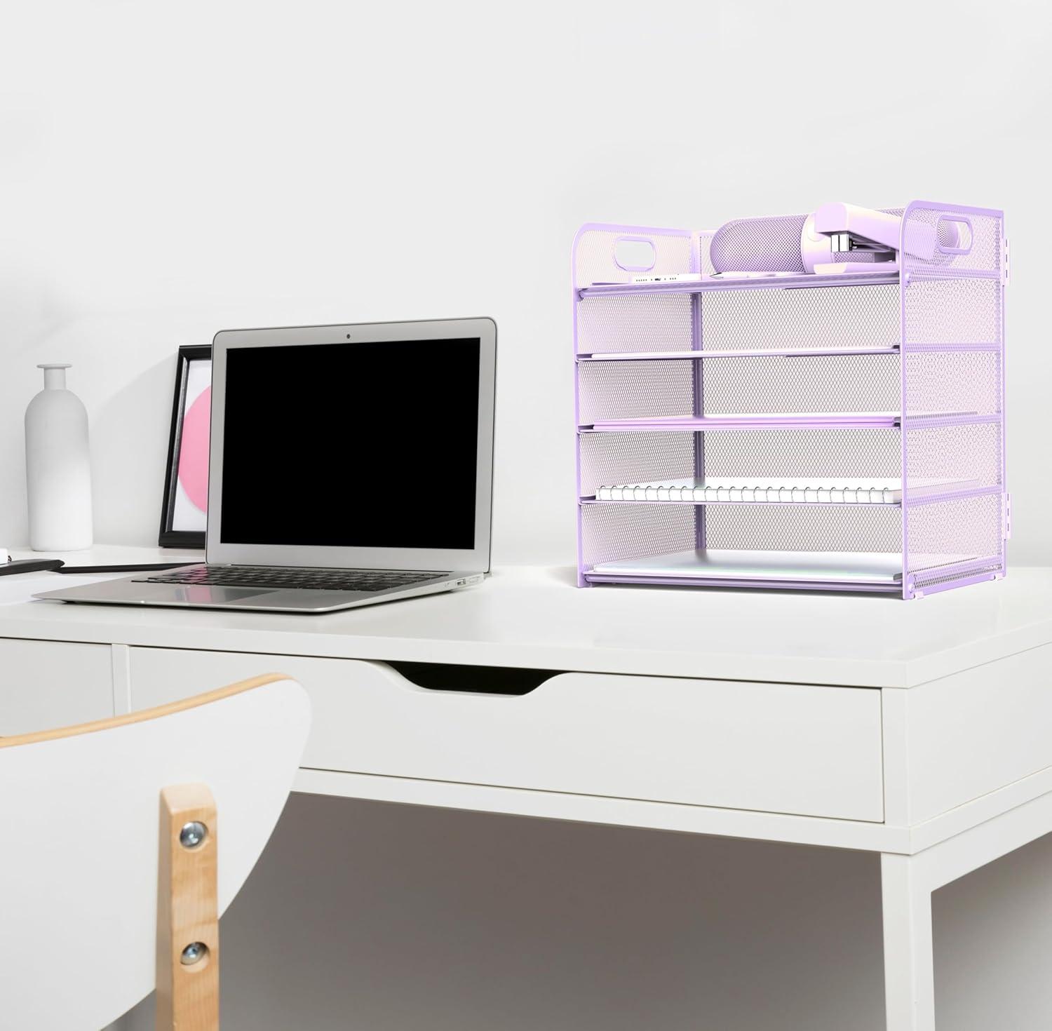 Marbrasse Paper Organizer Letter Tray, 5 Tier Mesh File Organizer with Handle, Paper Sorter Desk Organizer for Home Office Supplies - Purple