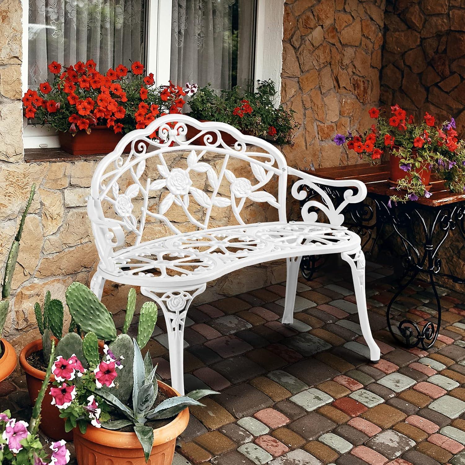 WANCQ 38.5" Patio Park Garden Outdoor Metal Rose Bench,Cast Iron Cast Aluminium Frame Antique Finish Chair,Accented Lawn Front Porch Path Yard Decor Deck Furniture for 2 Person Seat（White)