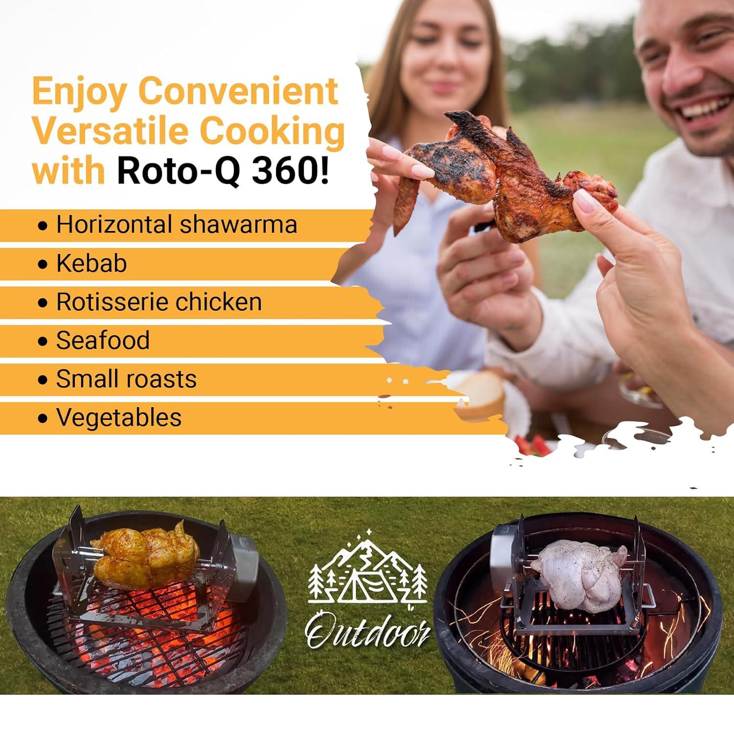 ROTO-Q 360 Cordless Stainless Steel Rotisserie Kit - Non-Electric for Grills, Ovens, BBQ, Smokers - Indoor/Outdoor