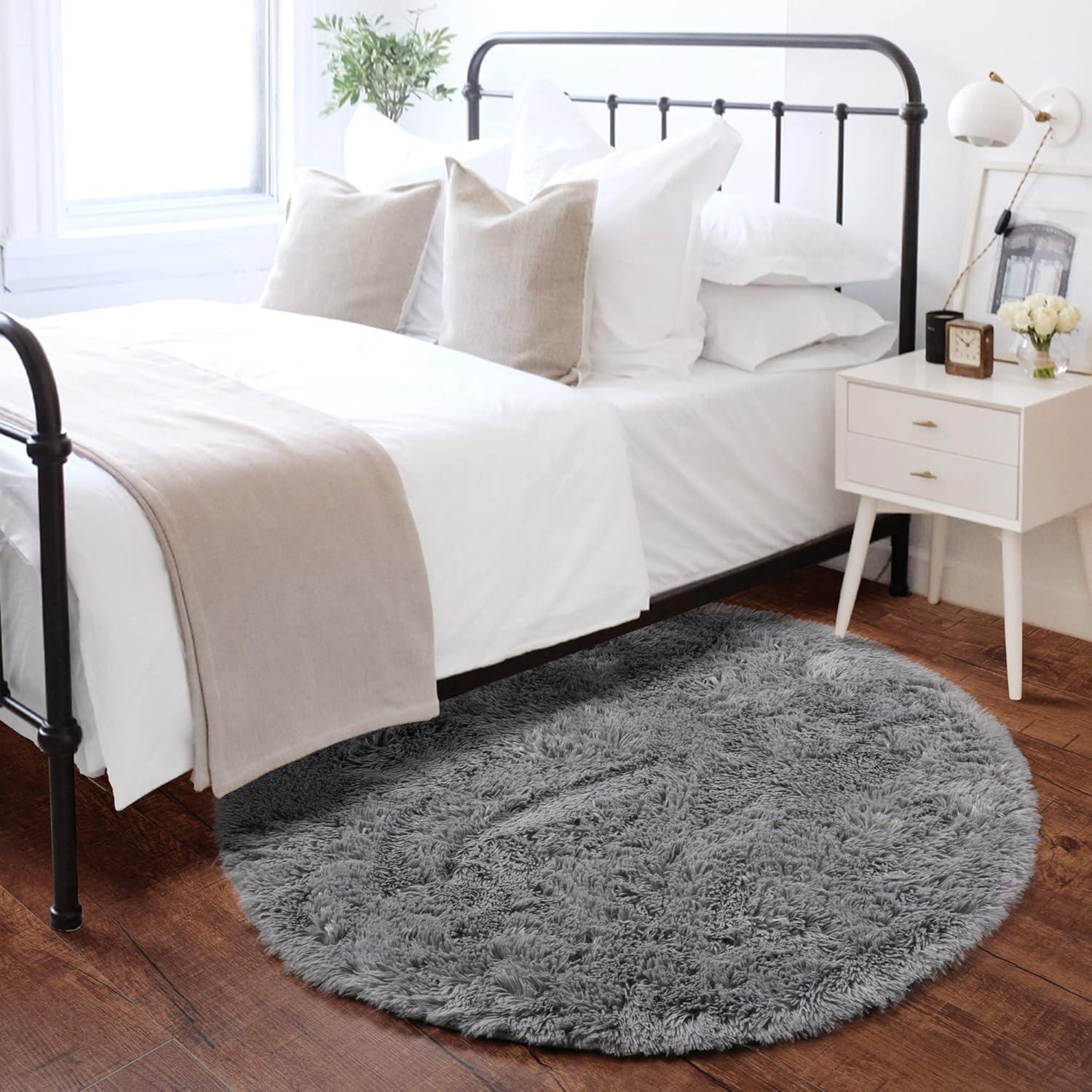 ONASAR Grey Round Area Rug 4ft, Gray Soft Bedroom Circle Throw Rugs for Kids Girls Boys Teen Dorm Room, Fluffy Plush Shaggy Carpet Mats for Nursery Living Room Playroom Home Office Decor Aesthetic