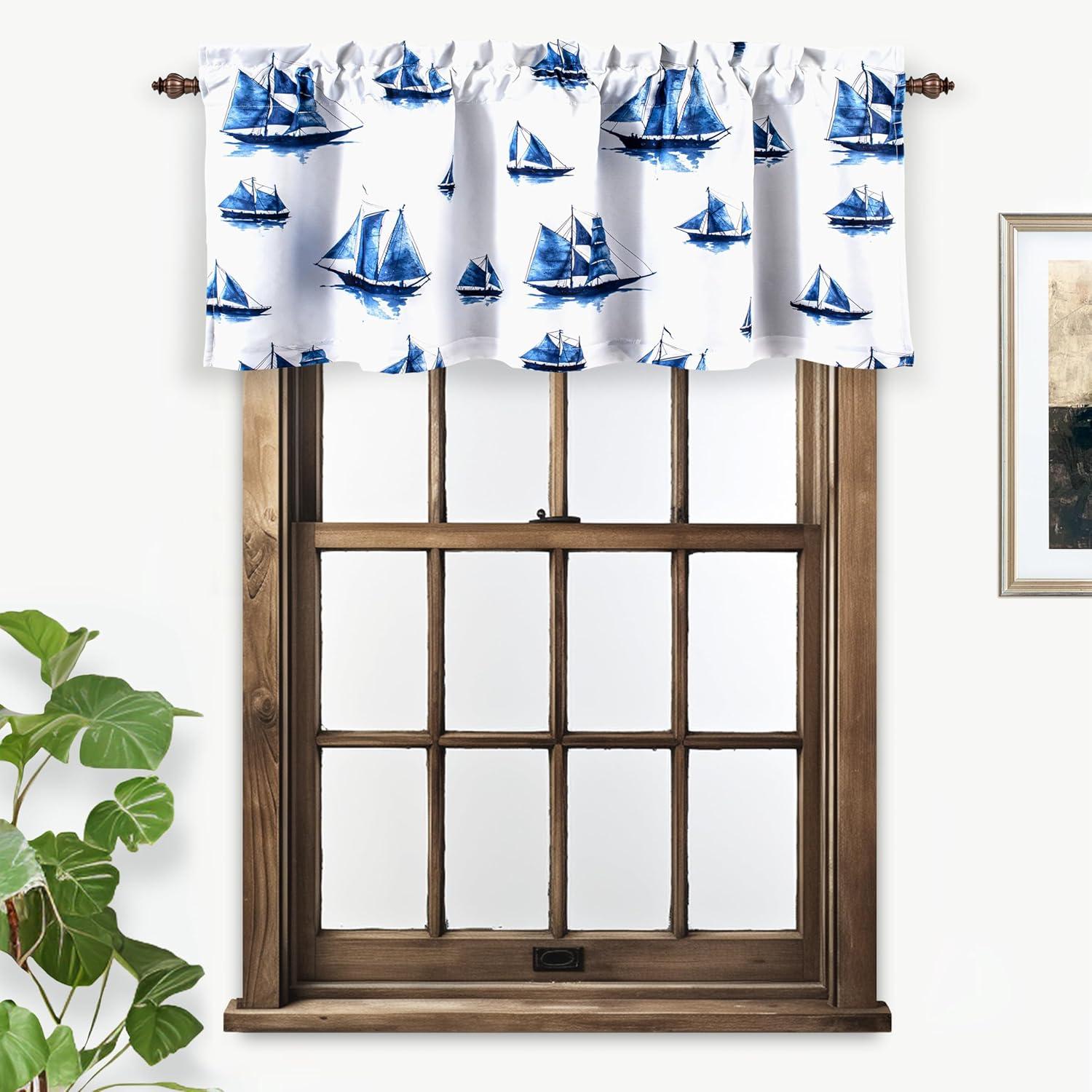 Navy and White Polyester Sailboat Print Blackout Valance