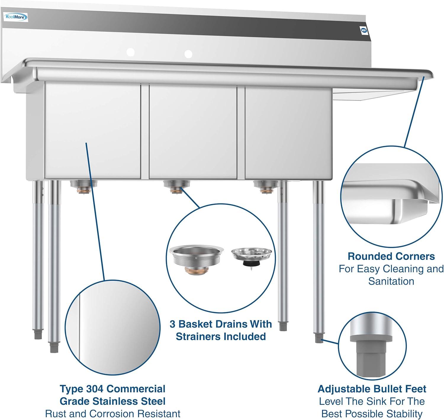 Stainless Steel 3-Compartment Commercial Sink with Right Drainboard