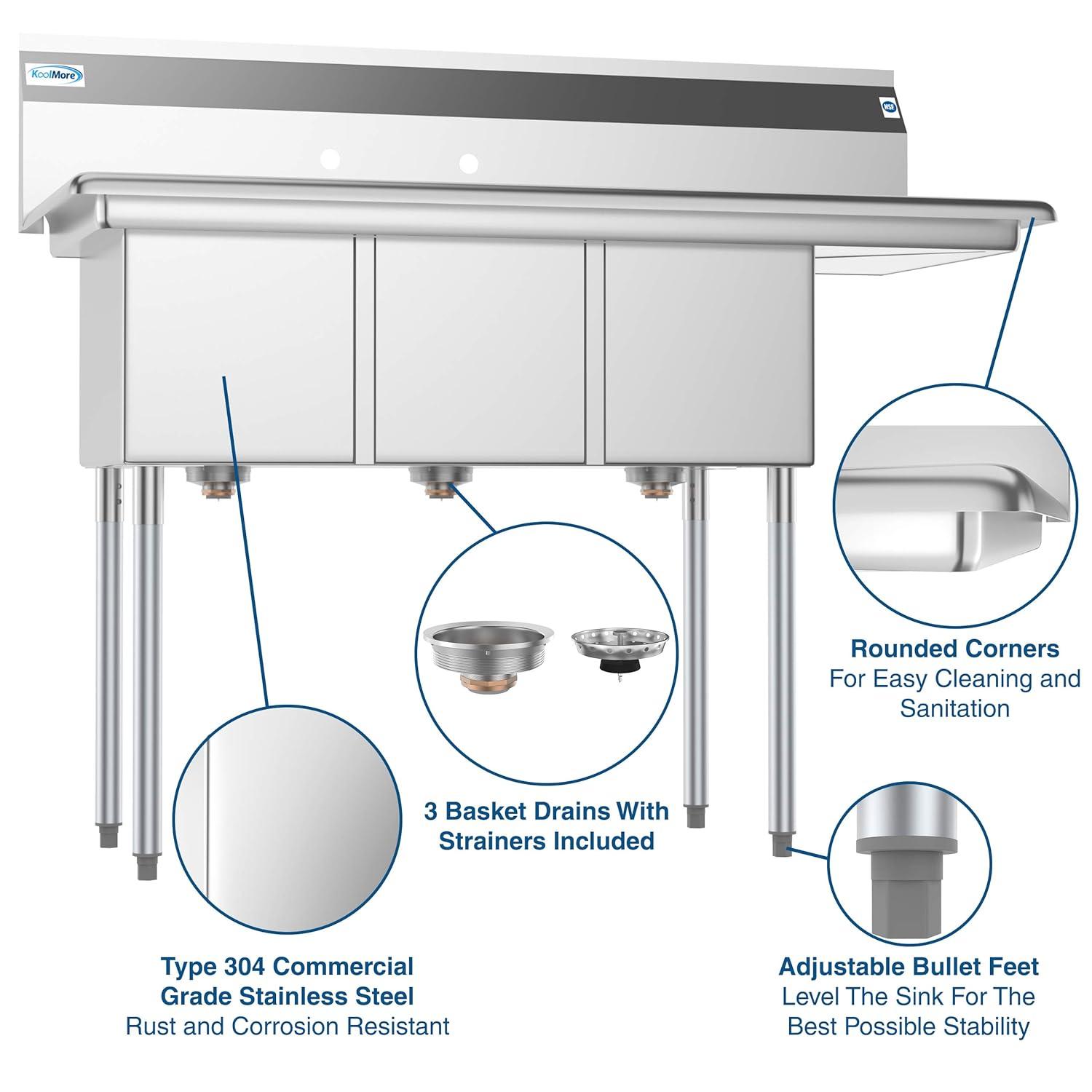 KoolMore 51 in. Three Compartment Stainless Steel Commercial Sink with Drainboard, Bowl Size 12"x 16"x 10"