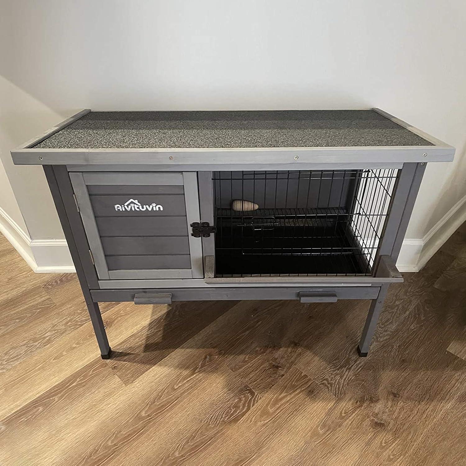 Gray Wooden Indoor Rabbit Hutch with Metal Wire Pan