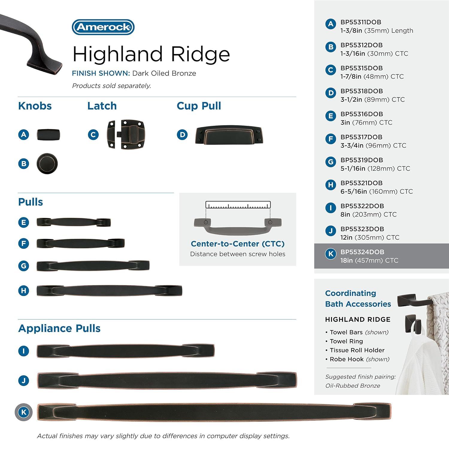 Amerock Highland Ridge 18 inch (457mm) Center-to-Center Dark Oiled Bronze Appliance Pull