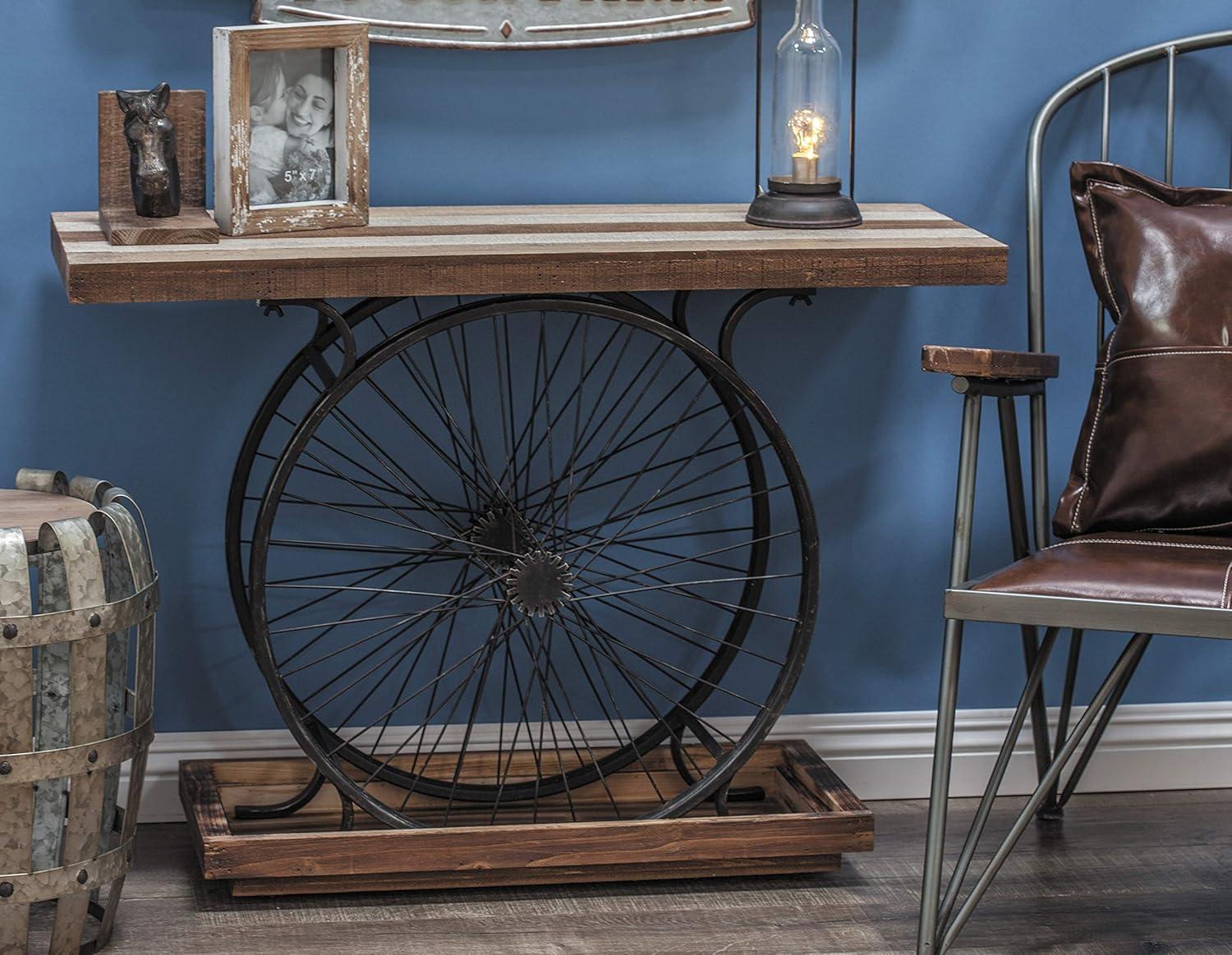 Olivia & May Industrial Wheel Console Table Brown: Iron Frame, Wood Top, Entryway Furniture