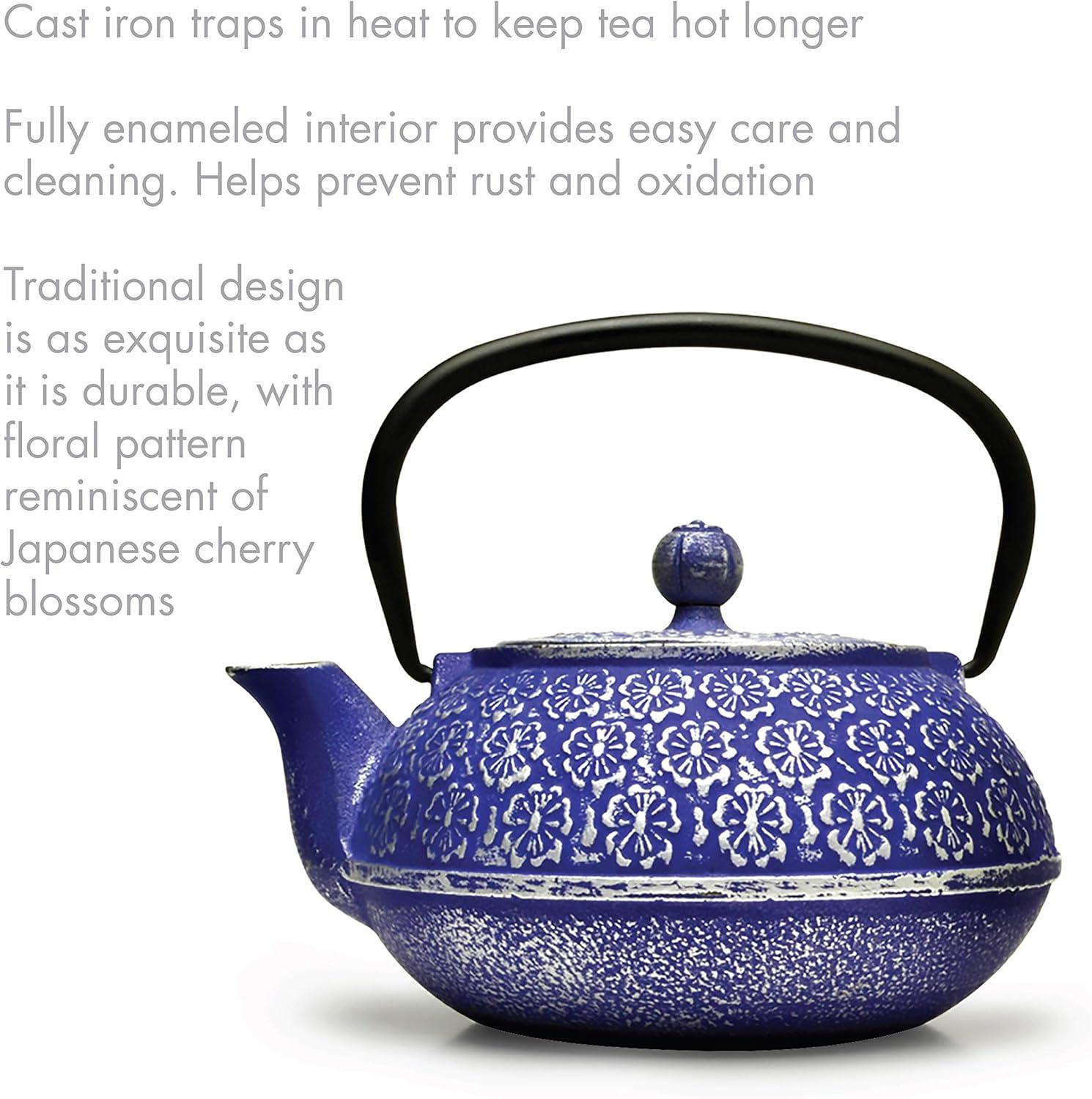 Bungalow Rose Japanese Cast Iron Teapot With Infuser For Loose Leaf And Tea Bags, Kettle Includes Handle And Removable Lid (Blue, 34Oz)