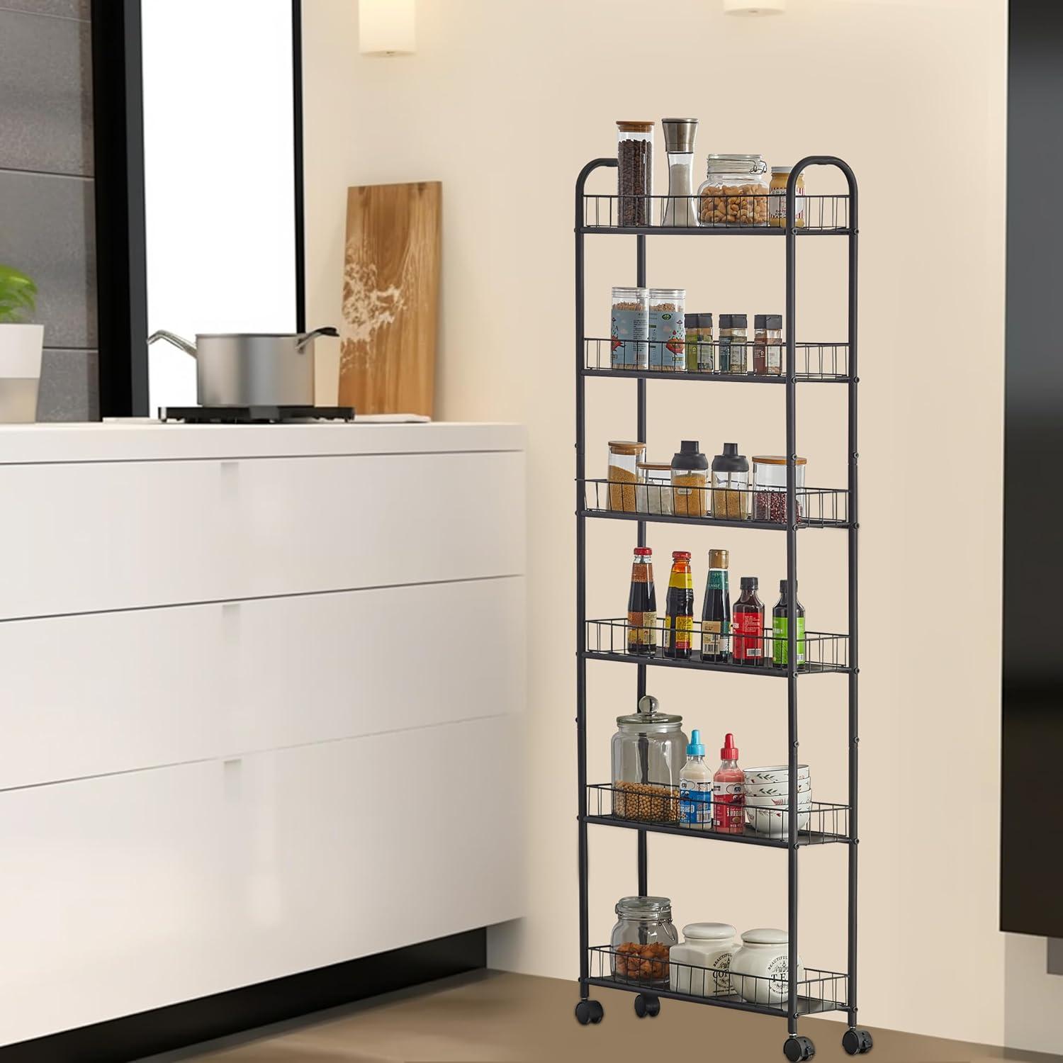 GVN Mobile Shelving Unit Organizer Utility Cart,6 Tier Storage Cart,Metal Kitchen Rolling Cart with Lockable Wheels & Baskets,6" Slim Storage Shelf