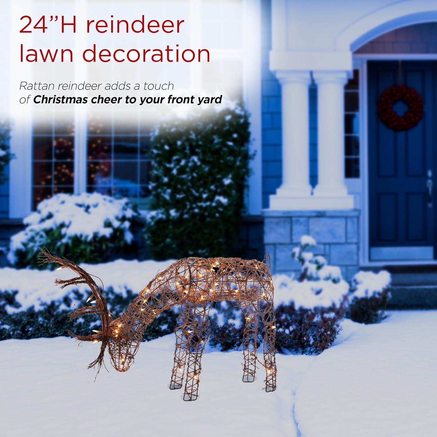 Alpine Corporation 29" x 7" x 24" Light up Iron Rattan Grazing Reindeer Statue, Brown