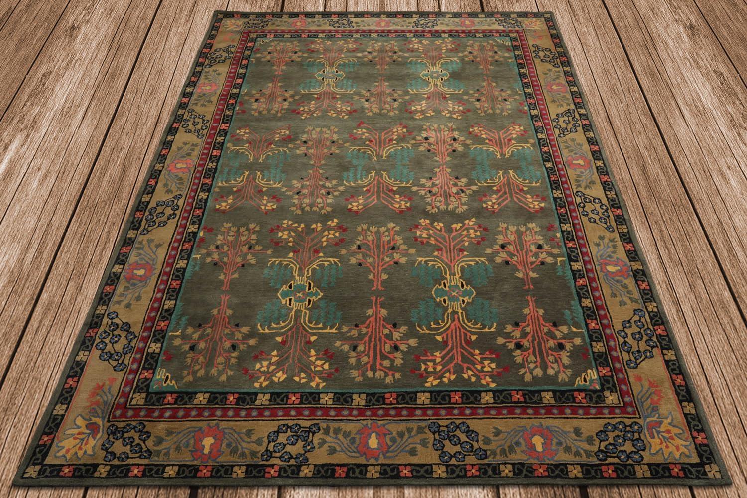 Handmade Gray and Green Wool Oriental 9' x 12' Area Rug