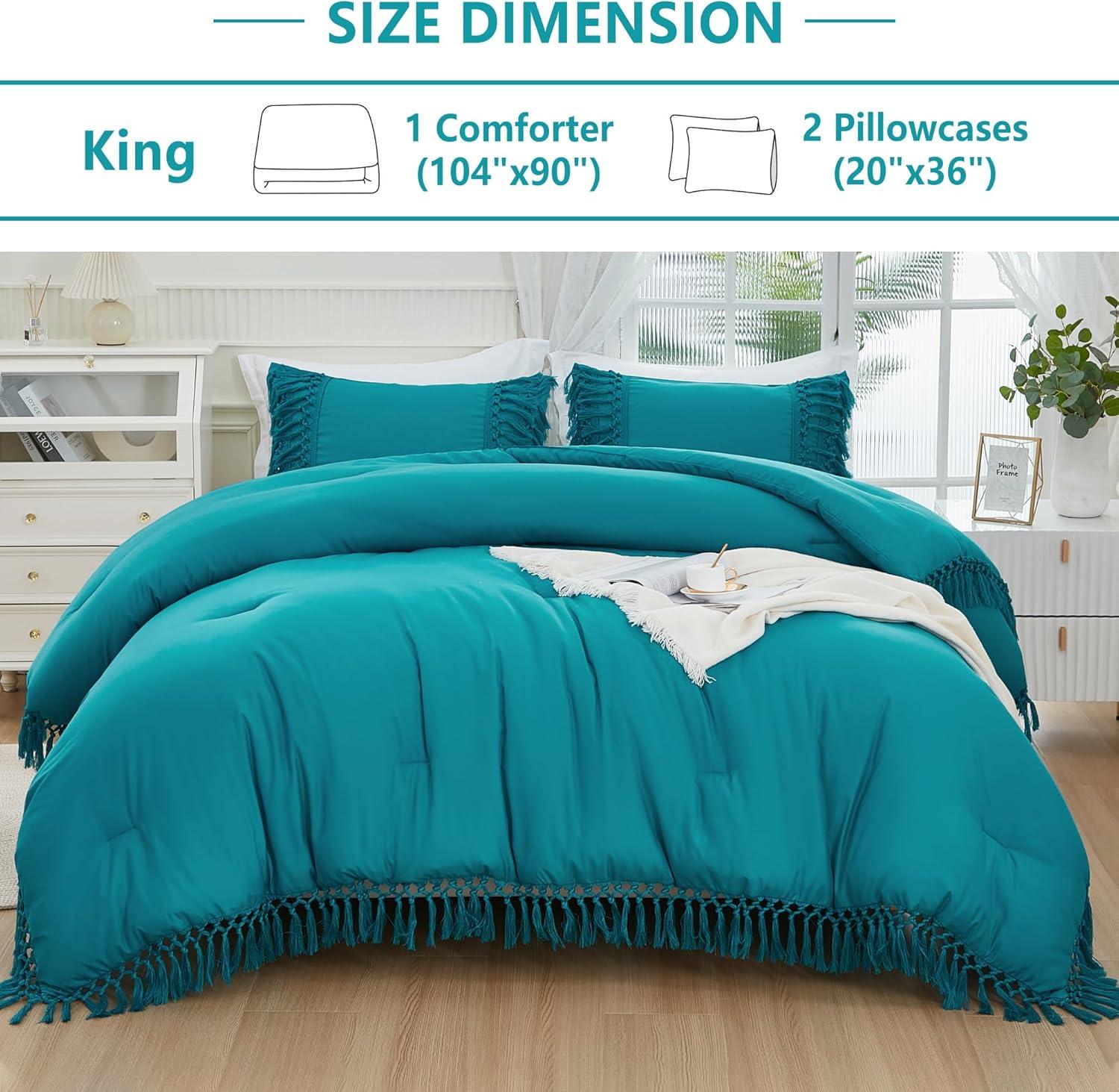 Turquoise King Boho Tassel Comforter Set with Pillowcases