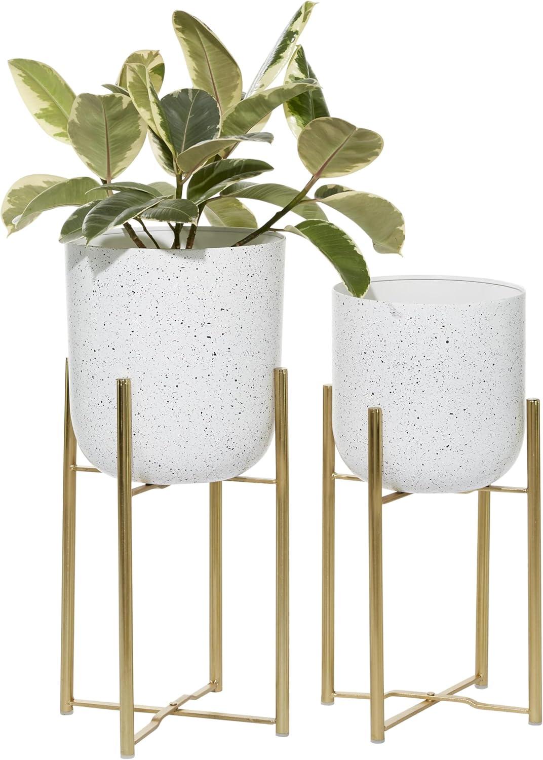 DecMode 22", 19"H Deep Dome Speckled White Metal Planter with Gold Stands (2 Count)