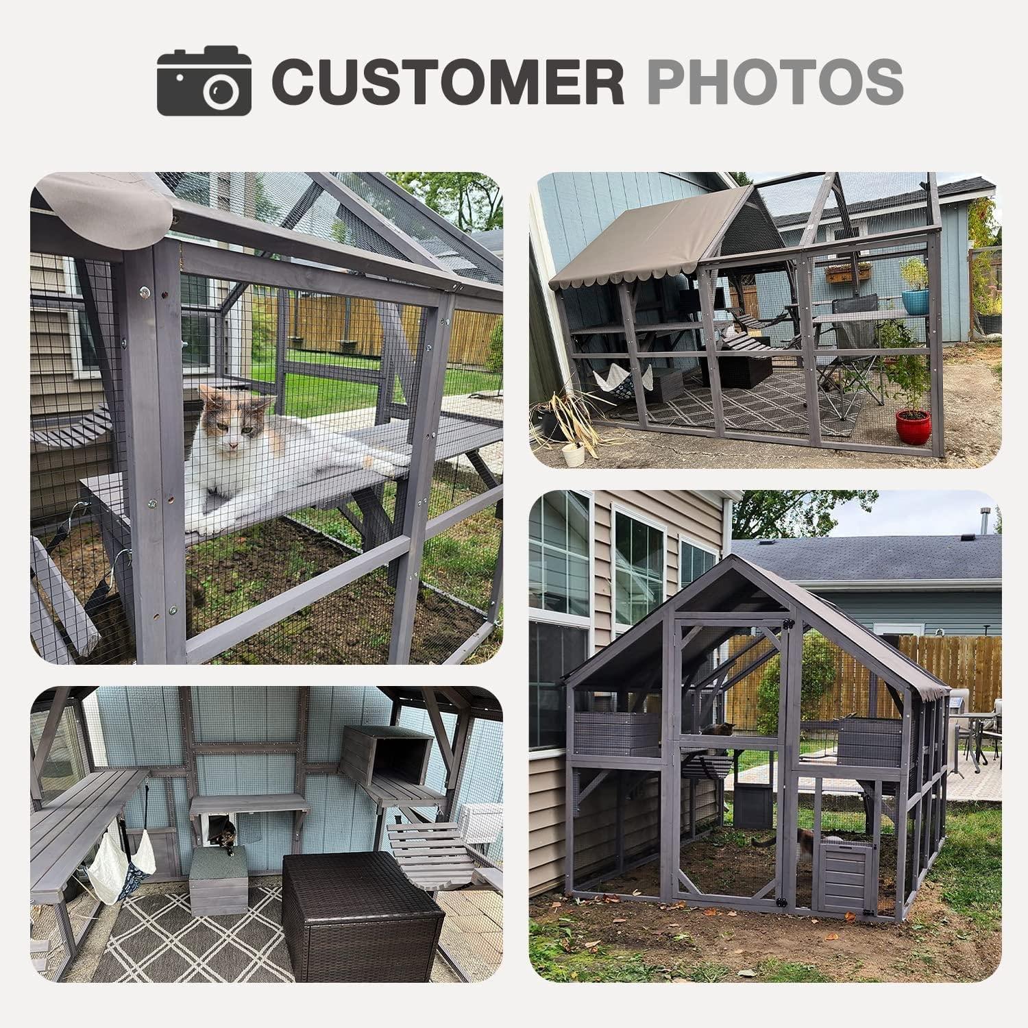 Uforic 110" Catio Outdoor Cat Enclosure Large Wooden Cat House with with Weatherproof Roof, Cat Scratcher Ramp, Space Capsule Bed, 2 Bridges, 2 Resting Houses, 7 Platforms for Multiple Cats