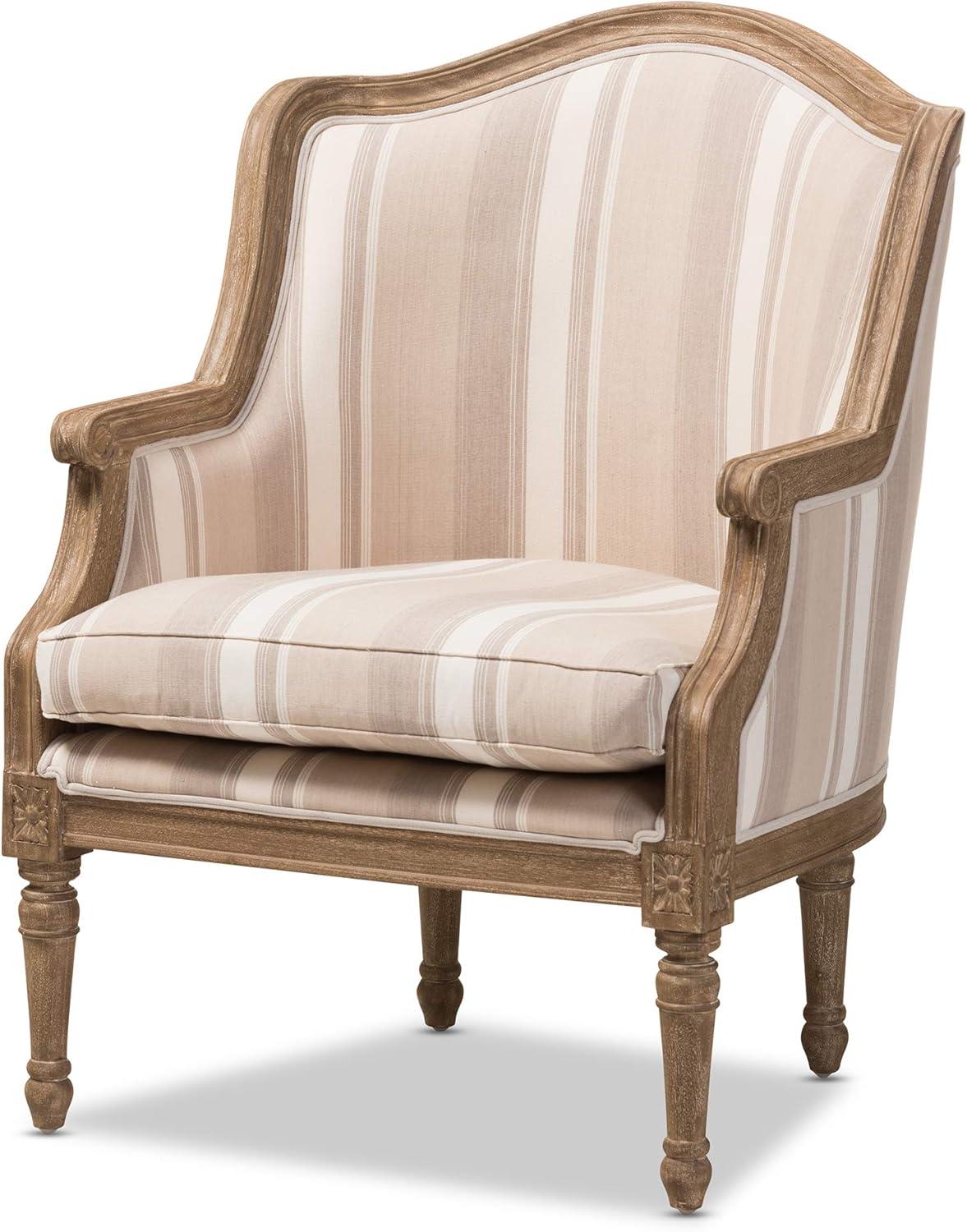 Classic French Oak Accent Chair with Brown Striped Cushion