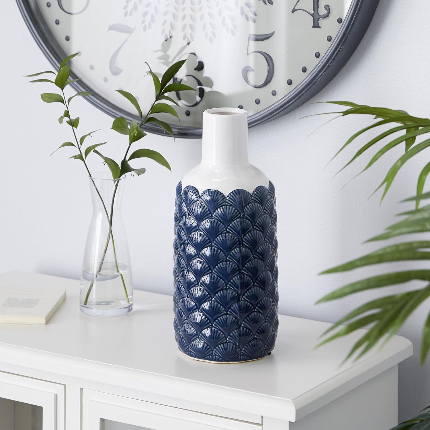 DecMode 13" Blue Ceramic Vase with Shell Designs