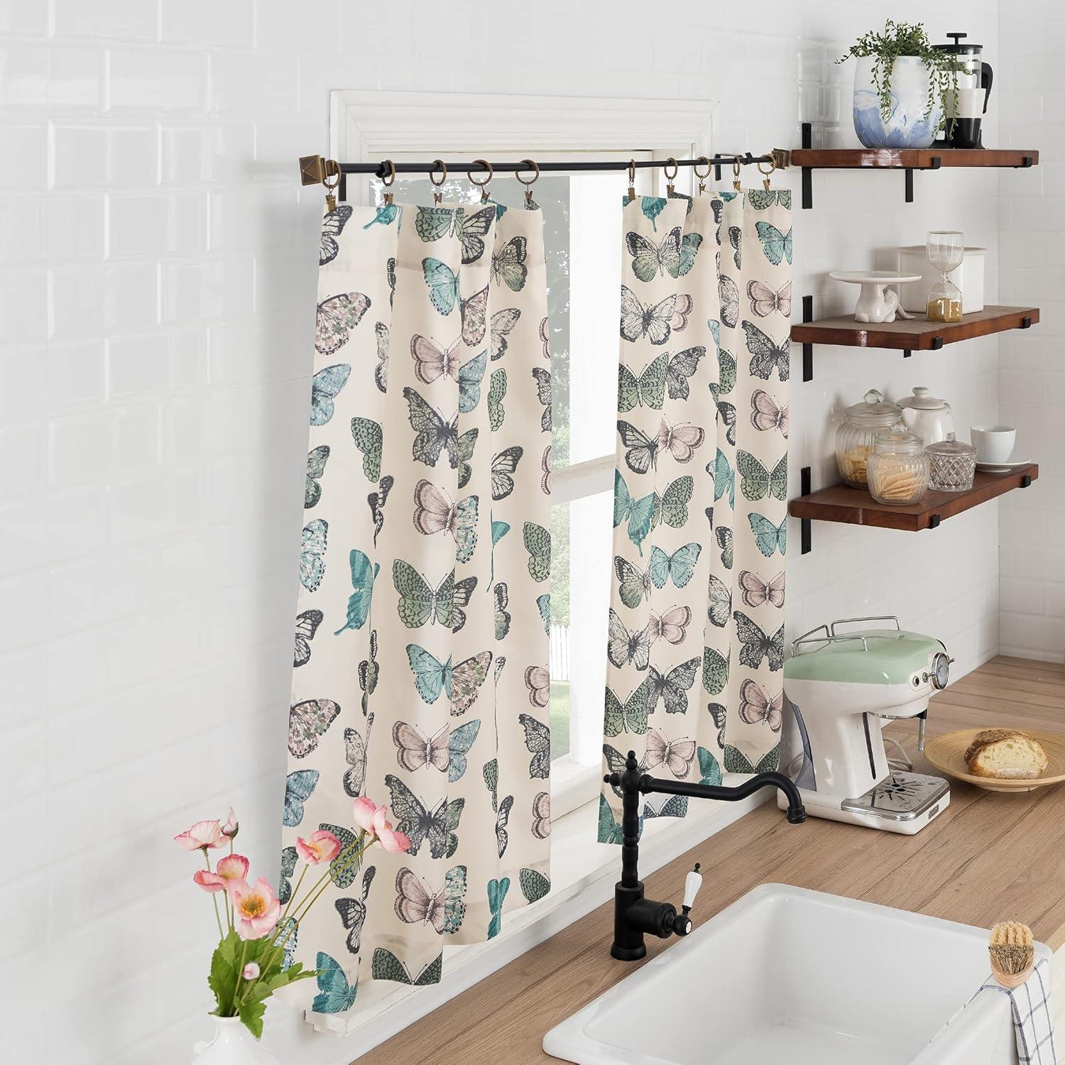 2pc No. 918 Sheer Magdalena Butterfly Print Rod Pocket Kitchen Curtain Tier Pair Blue