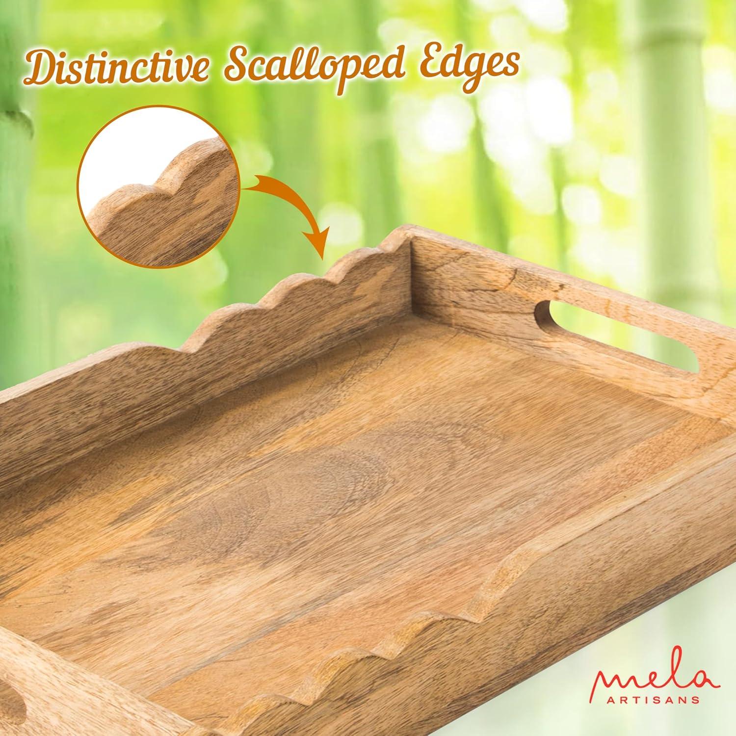 Mela Artisans Serving Tray with Elegant Scalloped Edges, Natural | 15" x 10" x 1.75" | Handcrafted Mango Wood Tray, Perfect for Breakfast, Tea/Coffee Serving, Home Décor, or Organizing