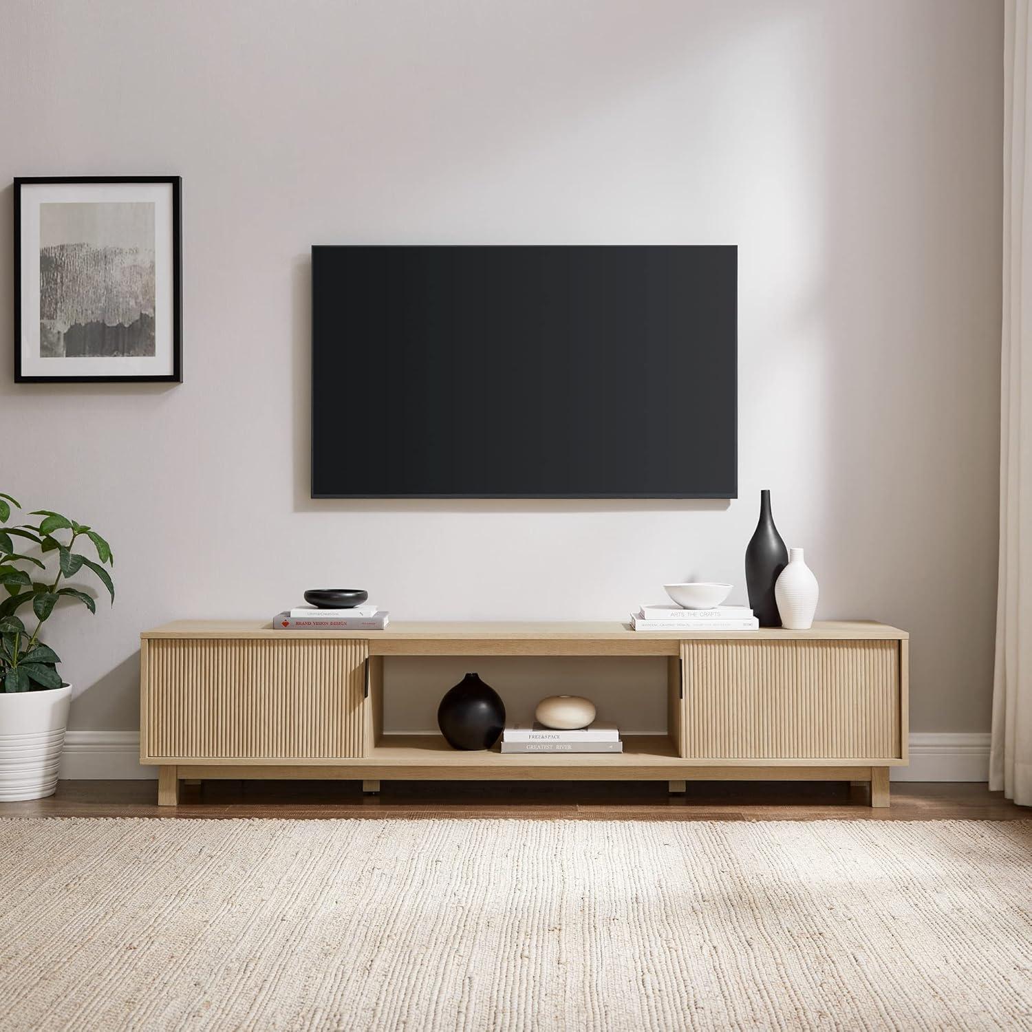 Walker Edison Mid-Century Modern Reeded 2-Door TV Stand for TVs up to 80”, Coastal Oak