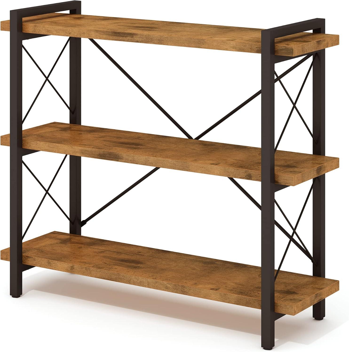 Rustic Brown 3-Tier Wood and Metal Industrial Bookshelf