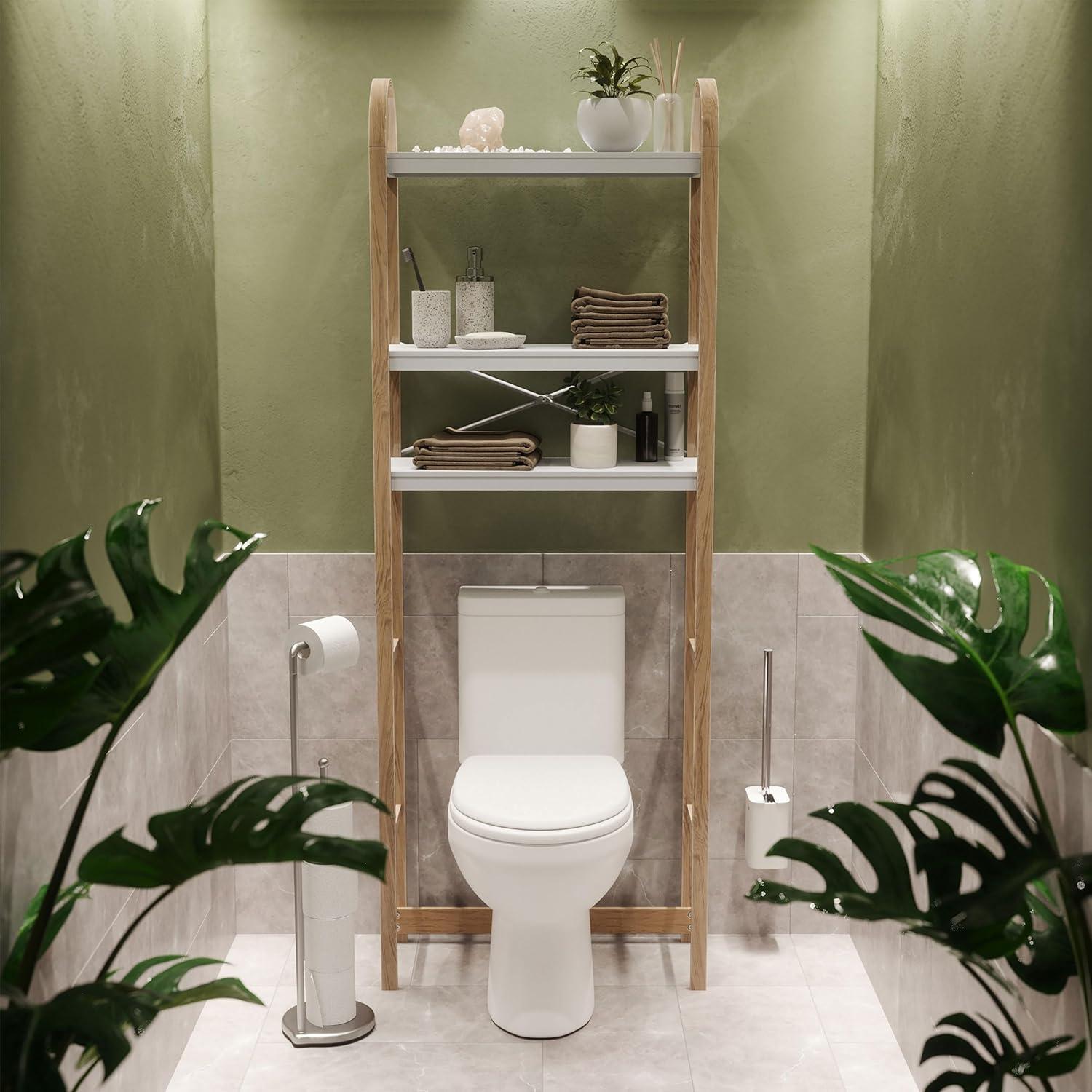 White and Natural Wood Over-the-Toilet Storage Shelf