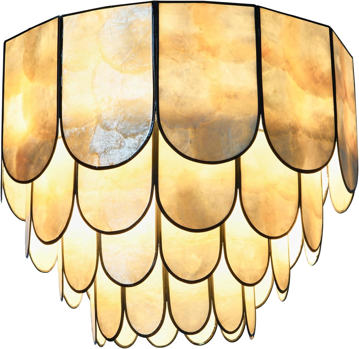 Storied Home 14" Round 4-Tier Capiz and Metal Flush Mount Ceiling Light Black: UL Listed, Iron Body, Off-White Shade