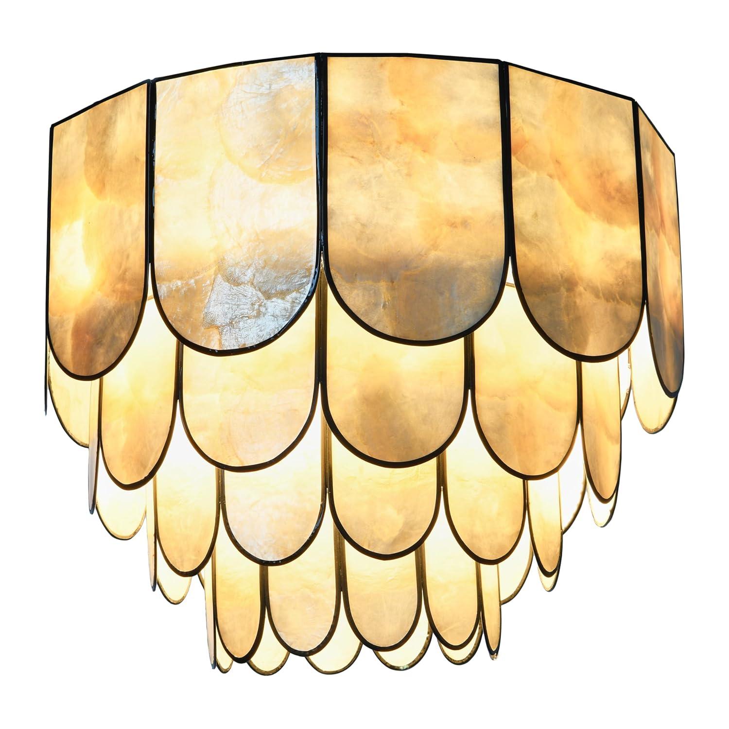 Storied Home 14" Round 4-Tier Capiz and Metal Flush Mount Ceiling Light Black: UL Listed, Iron Body, Off-White Shade