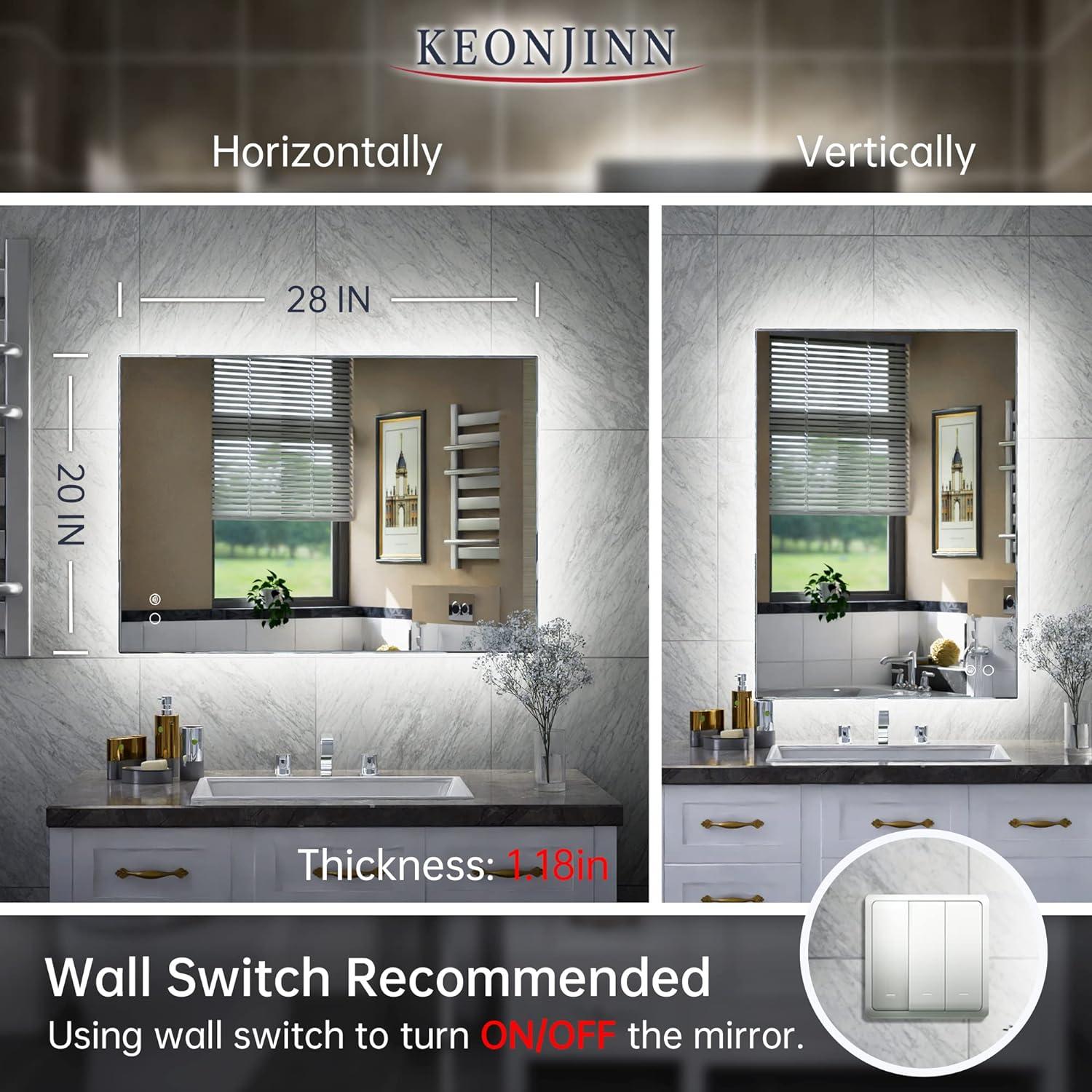 Keonjinn 20"x28" Backlit Vanity Mirror with Anti-Fog Dimmable Wall Mounted Mirror(Horizontal/Vertical)