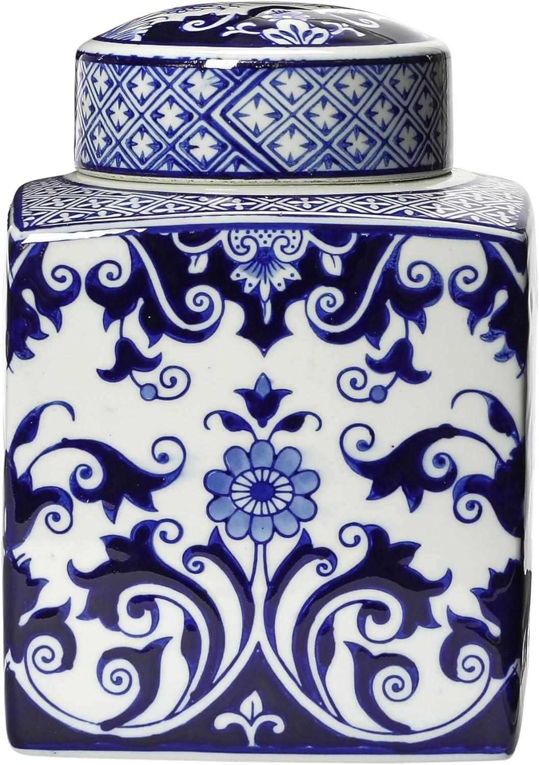 Blue and White Floral Ceramic Ginger Jar with Lid