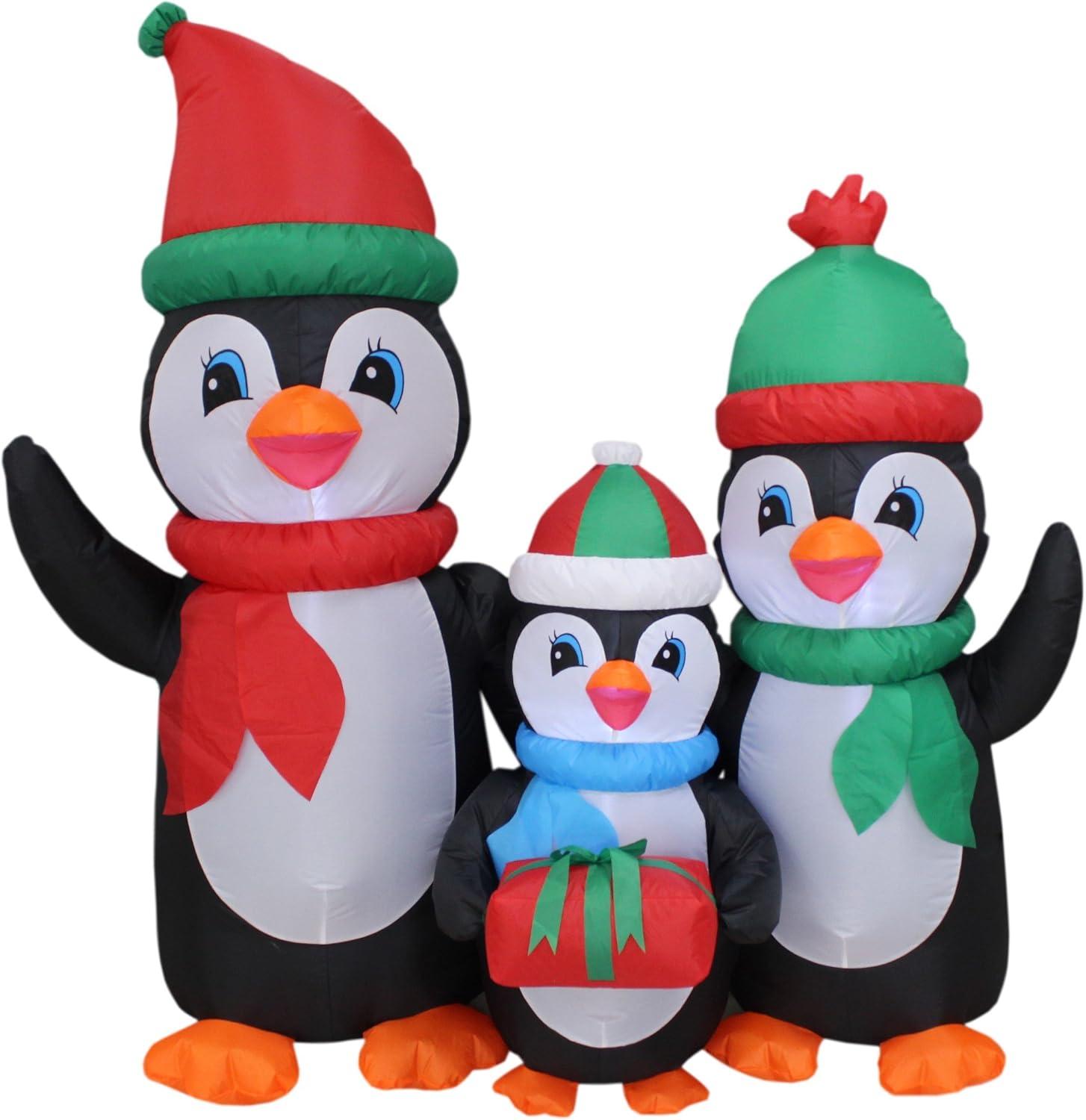 5 Foot Tall Lighted Christmas Inflatable Penguins Family with Gift Box LED Lights Outdoor Indoor Holiday Blowup Lawn Inflatables Home Family Party Decor Yard Decoration