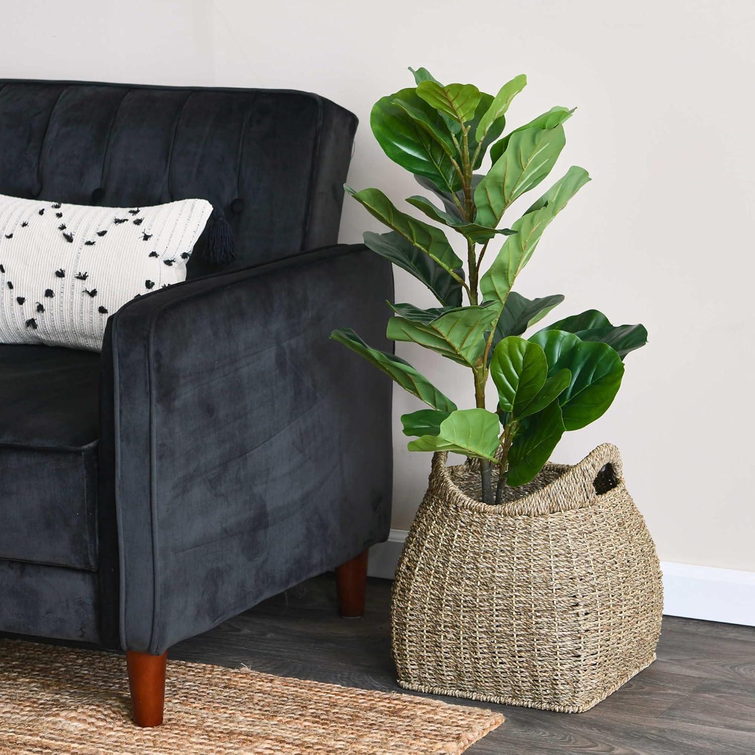 Household Essentials Basket with Handles Seagrass: Handwoven Round Storage, Brown Decorative Wicker, 14" Height