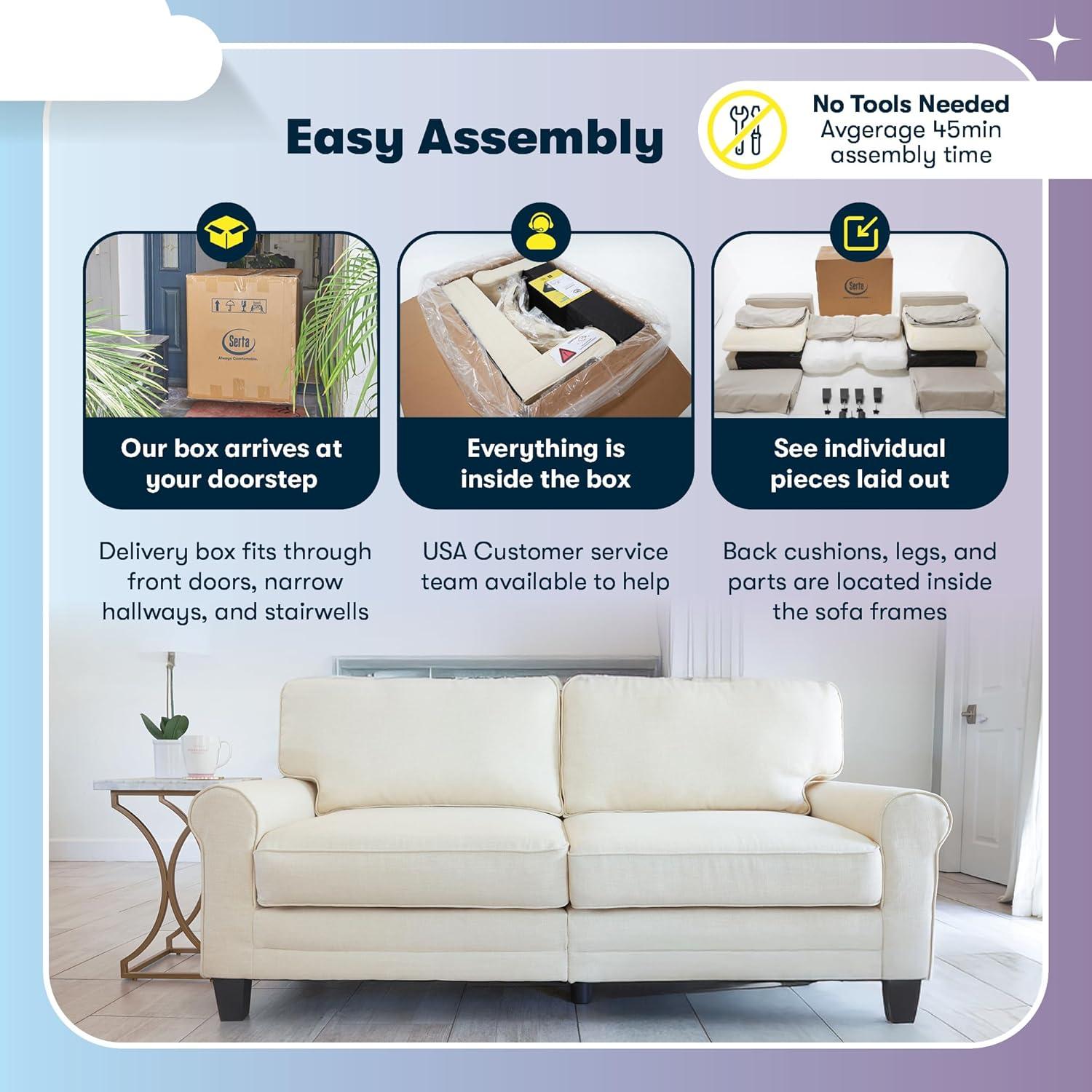 Serta Copenhagen 61" Rolled Arm Sofa, Easy Care Fabric, Soft Pillow Back, Pocket Coil Seat Cushions