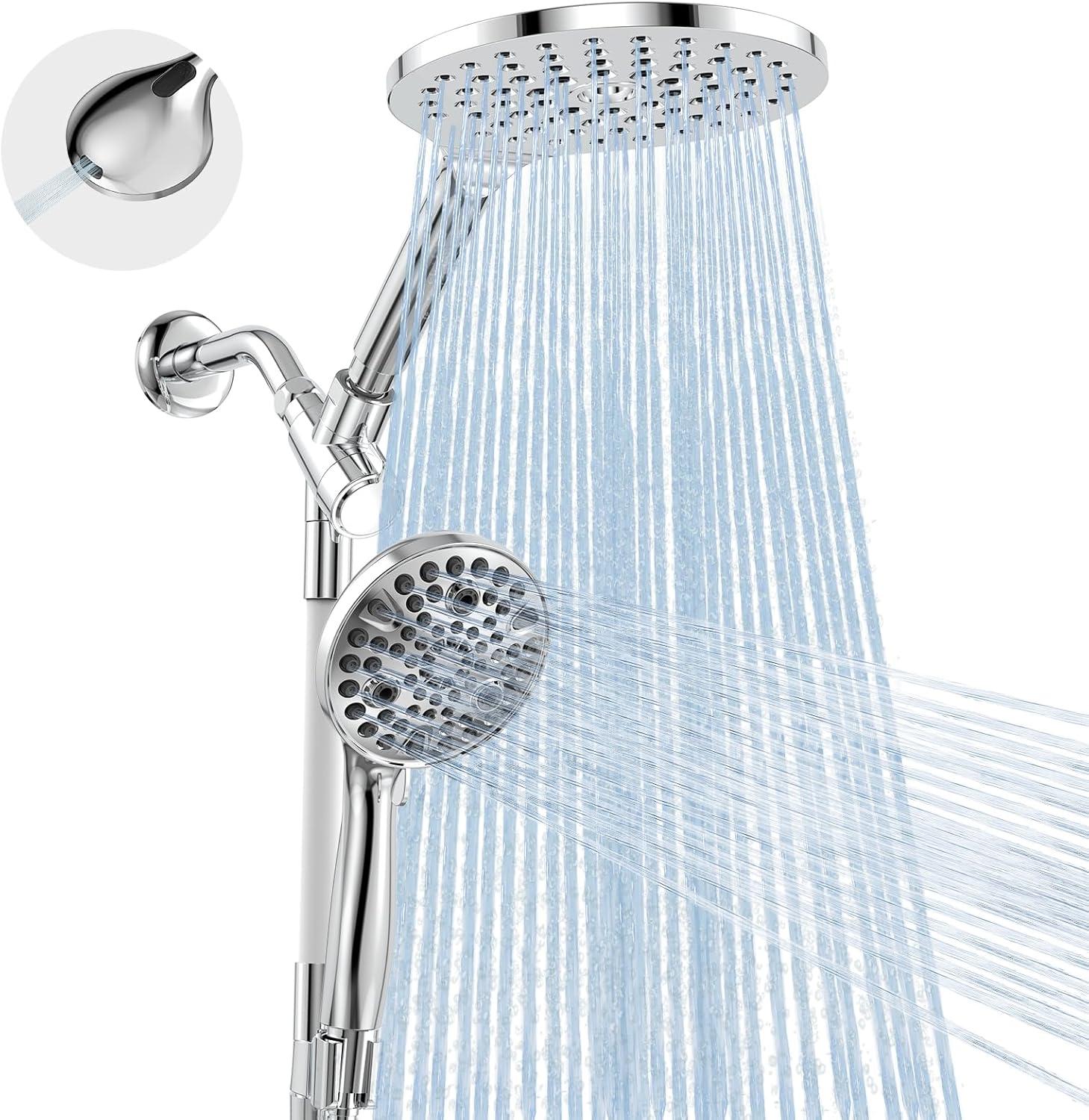 Dual Handheld Shower Head Combo, 2-in-1 Rain Shower Heads System 8 Inch Rainfall Shower Head and 10 Modes High Pressure Hand Held Showerhead with Built-in Power Wash